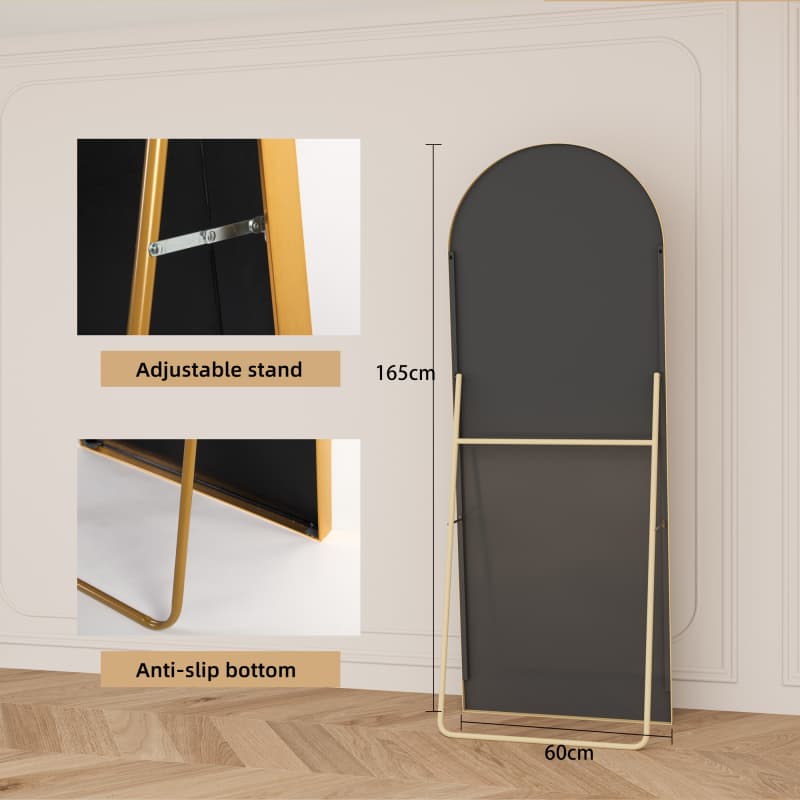 Espejo arqueado de cuerpo entero 165x60 cm, cristal templado, marco de aluminio dorado, soporte incluido, para dormitorio, salón y entrada. - 6