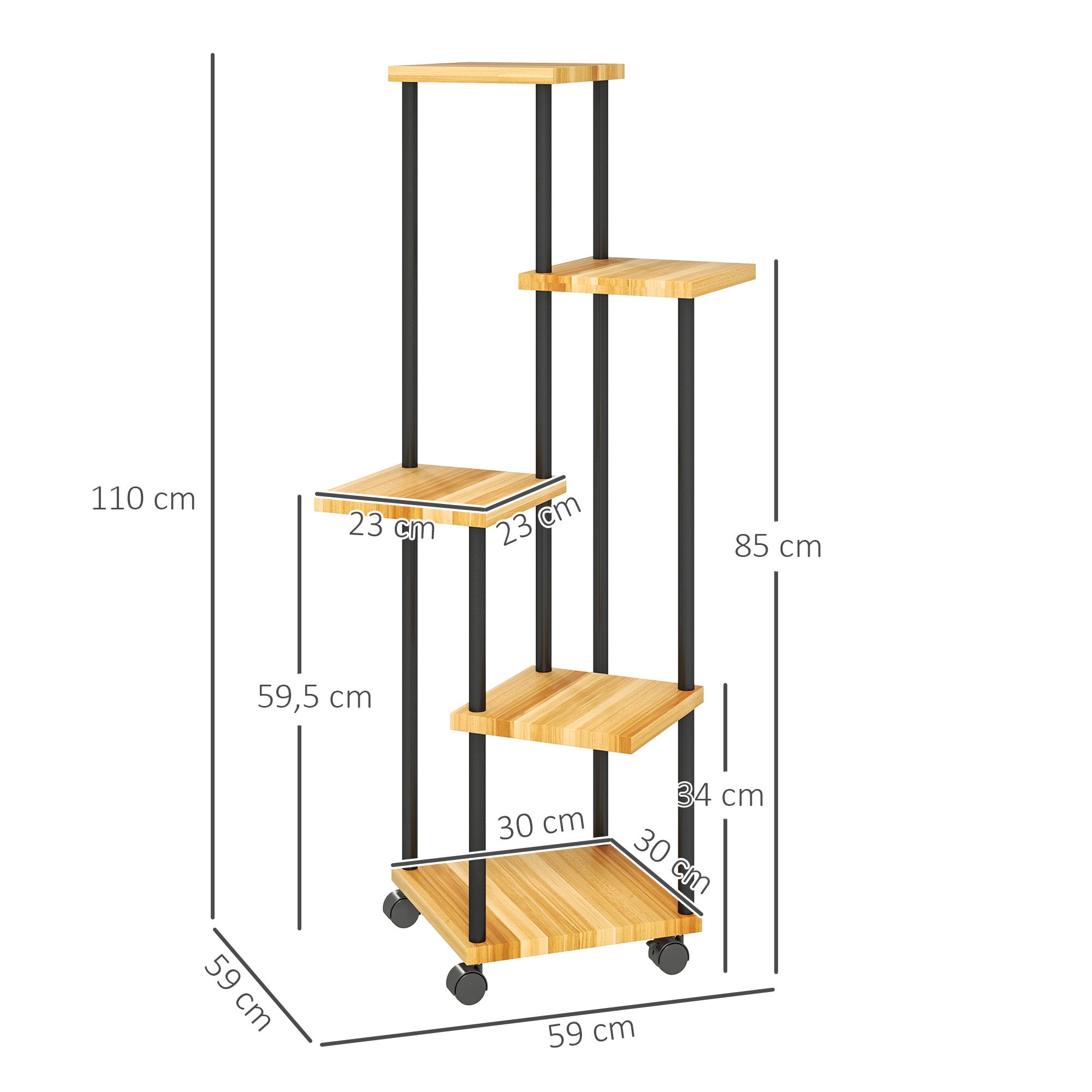 Support à plantes à 5 niveaux pour intérieur et extérieur, étagère plante avec 4 roues en acier et bois bois naturel - 5