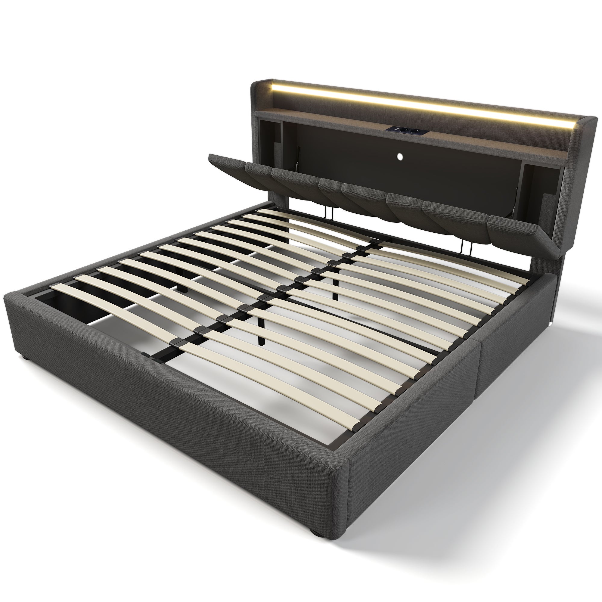 Lit Coffre 140x200 cm,Lit Double Gris avec Ports USB,Prises et Tête de Lit Rembourrée,Éclairage LED,Structure en Lin et Bois,Sans Matelas - 6