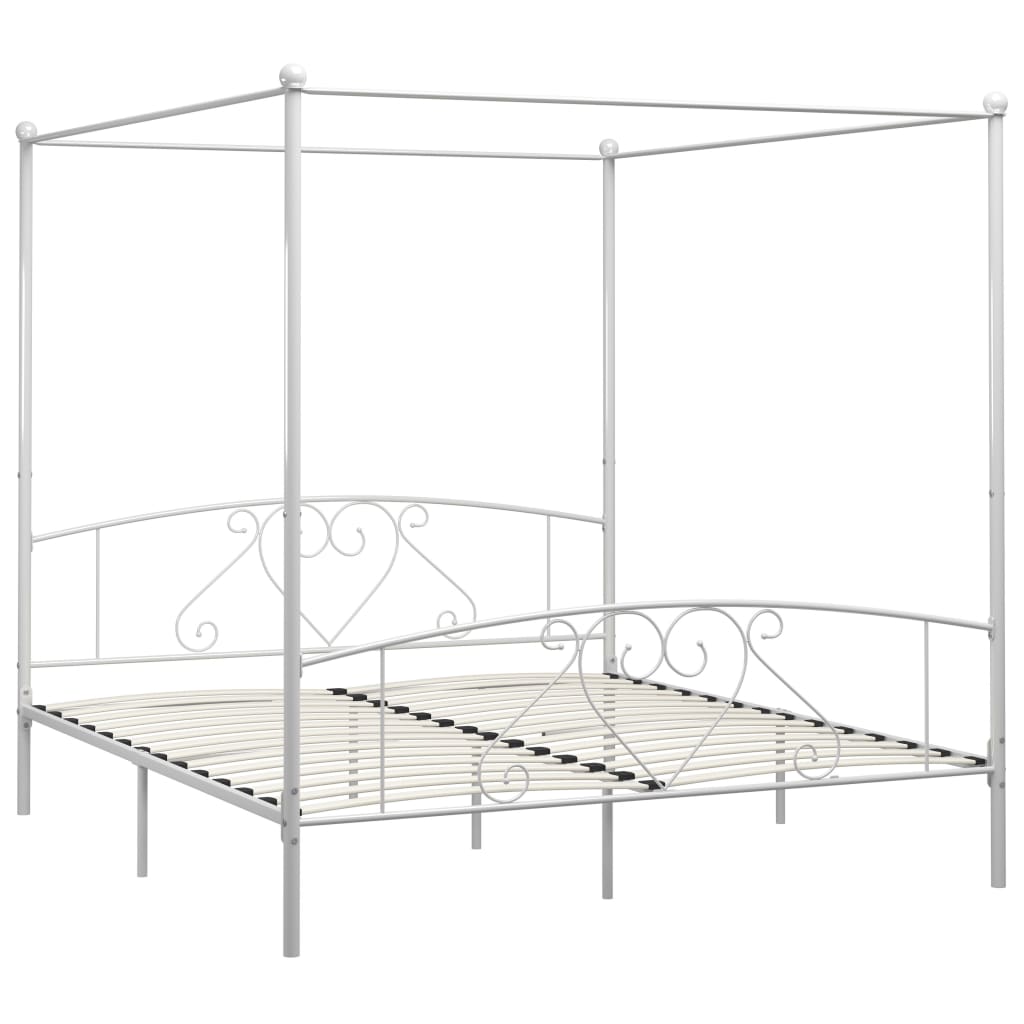 Łóżko Metalowe Białe z Baldachimem Rama Łóżka Ze Stelażem Do Pokoju 180 x 200 cm
