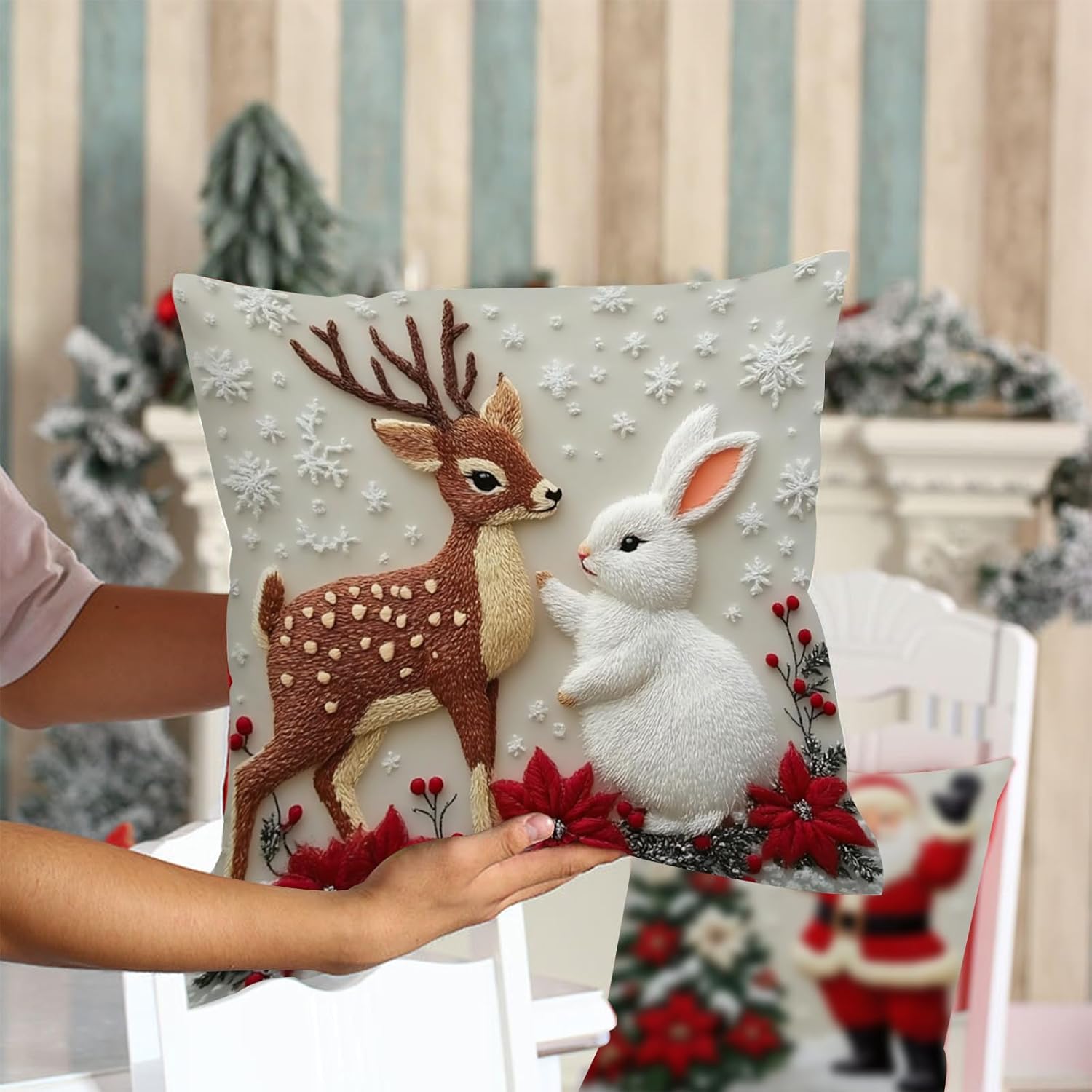 2 Pièces Coussin Noel, Lapin Cerf Housse Coussin Noel, 45x45, Père Noël Housse de CoussinNoel, Fleurs CoussindeNoel pour Chambre, Nanapé, Chaise, Lit - 3