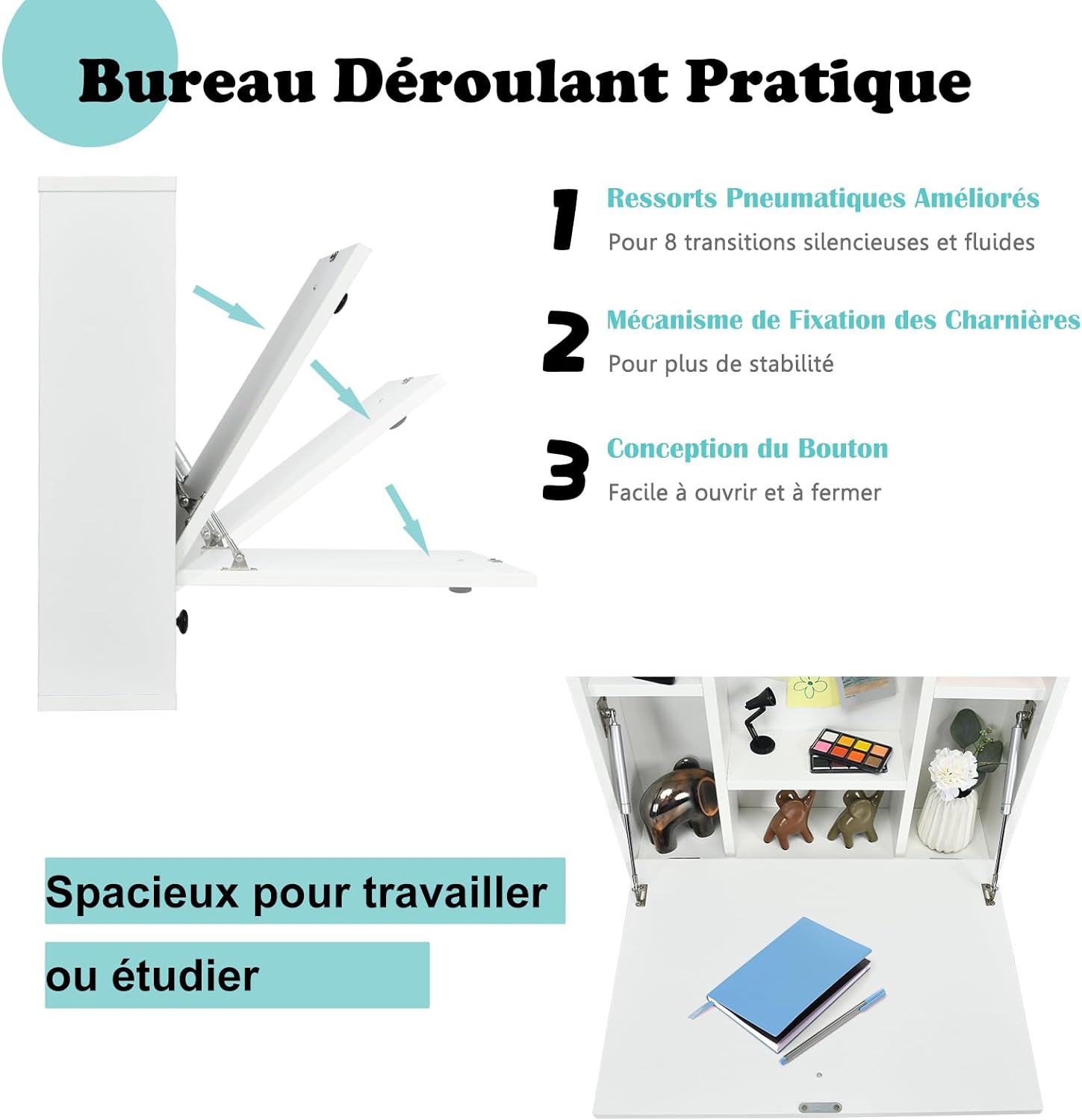 Bureau Mural Rabattable pour Ordinateur Portable, Table Murale avec Étagères Intégrée,Tiroir(Blanc) - 7