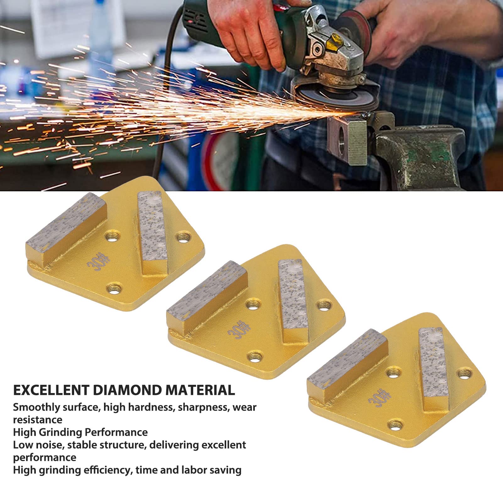 Lot de 3 disques diamantés trapézoïdaux, 30 grains, haute dureté, 2 dents longues, adaptés au meulage du béton et sols durs. - 4