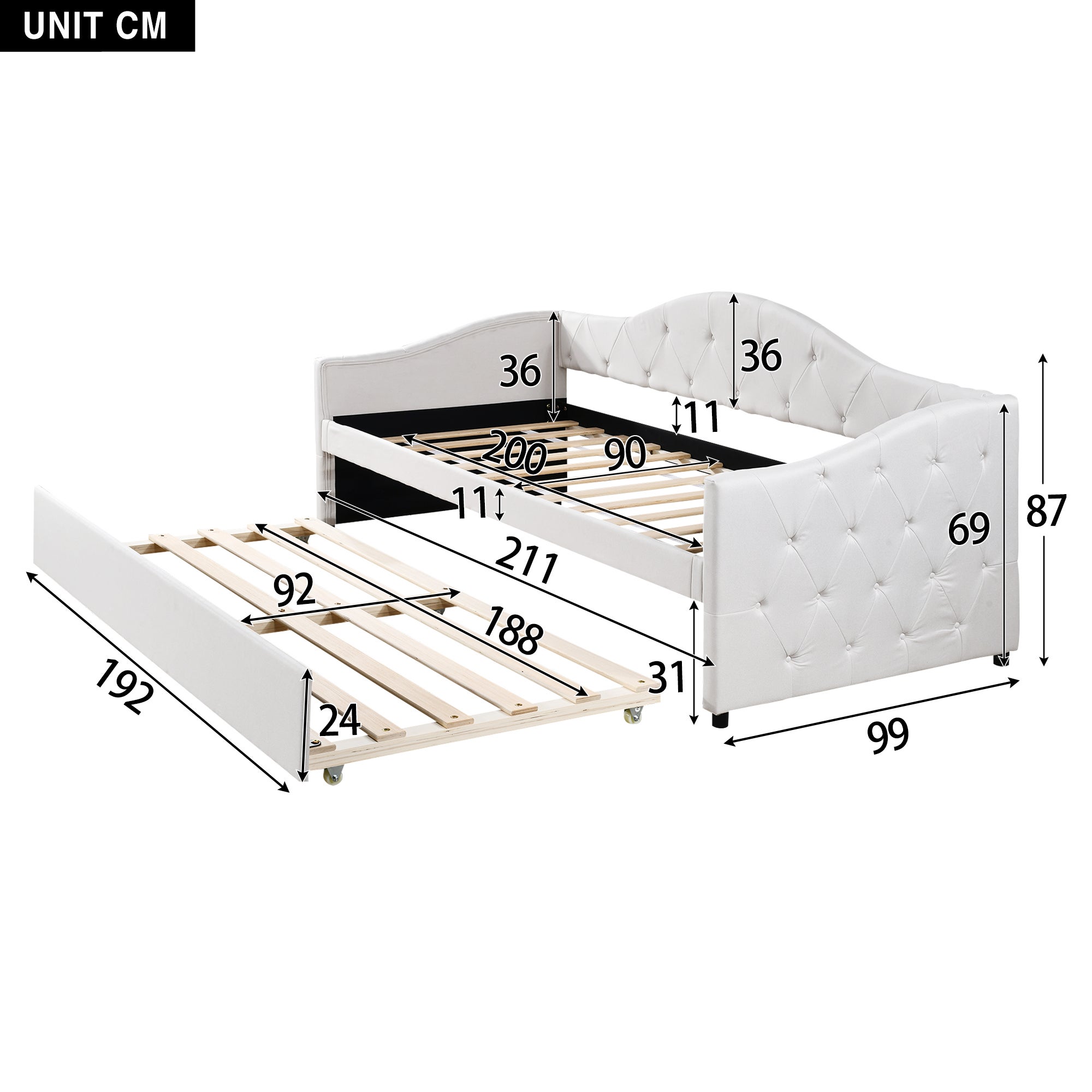 Cama nido 90 x 200 cm + cama 90 x 190 cm, sofá cama - tejido lino - color beige (sin colchón) - 6