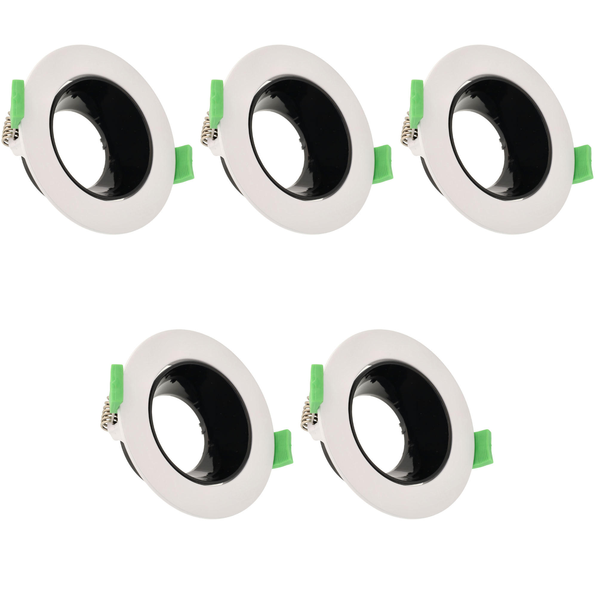 Zestaw 5 sztuk Reflektorów z okrągłą ramką, regulowanych, do montażu w suficie, dla GU10 / MR16, ozdobna ramka w kolorze białym i czarnym
