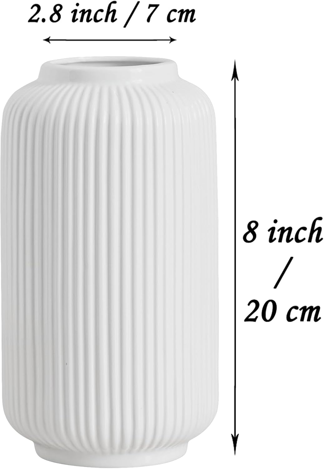 Jarrón de cerámica blanca acanalada de 20 cm de altura para hierba de la Pampa, jarrón decorativo para centro de mesa. - 2