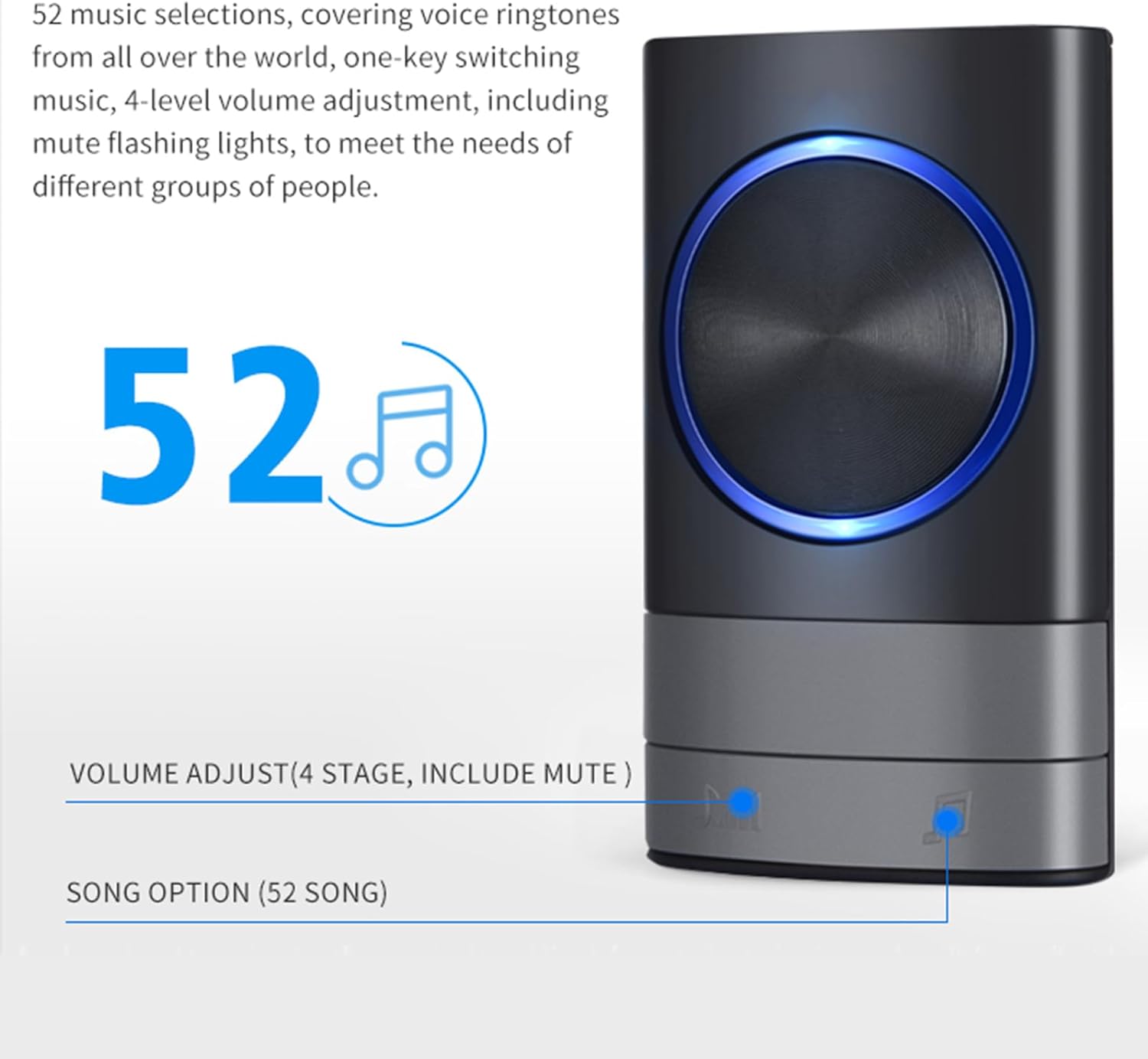 Sonnette Sans Fil, IP44 Exterieur Etanche Carillon 400 Mètres, 52 Mélodies et 4 Niveaux Volume, Kit de Carillon avec Récepteurs Enfichables, Voyant - 3