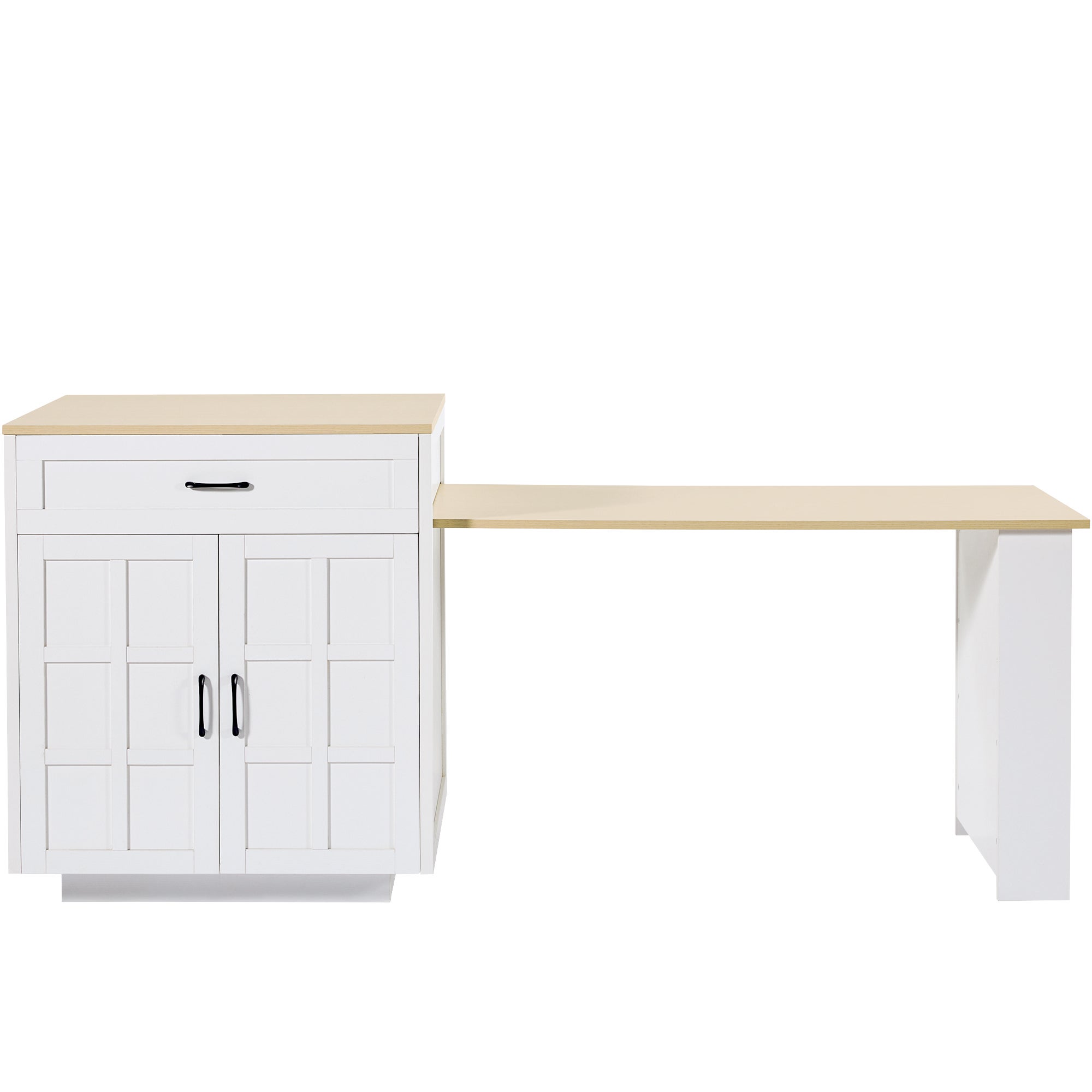 Ilot central de cuisine, table à manger 4 à 6 couverts - 2 tiroirs, 2 portes et étagères - 133/202 x 70 x 93.5 cm - MDF - Blanc - 8