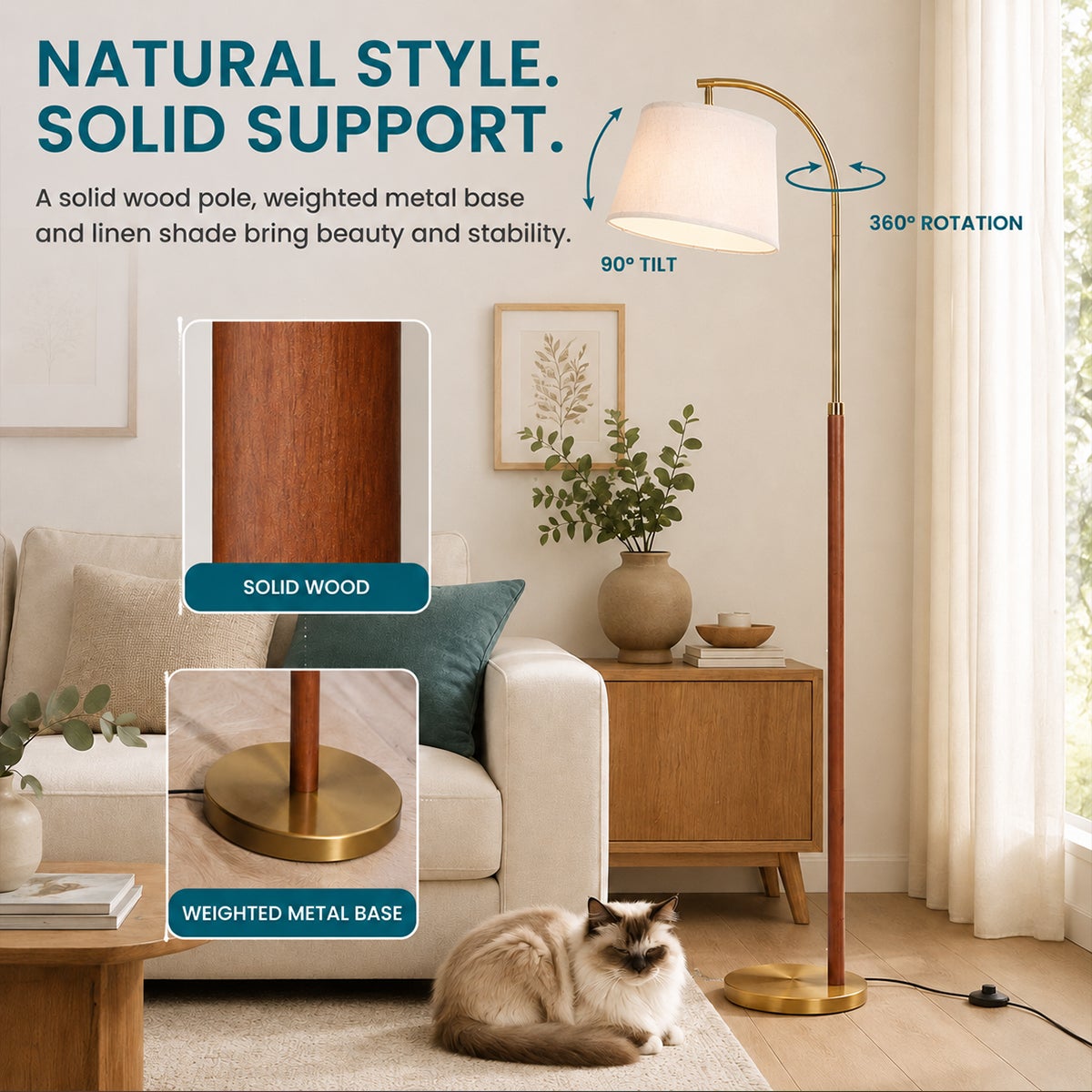 Lampadaire LED arc 170 cm en bois massif finition noyer, abat-jour en lin RGB+CCT dimmable, application et télécommande, ampoule LED 9 W incluse - 3