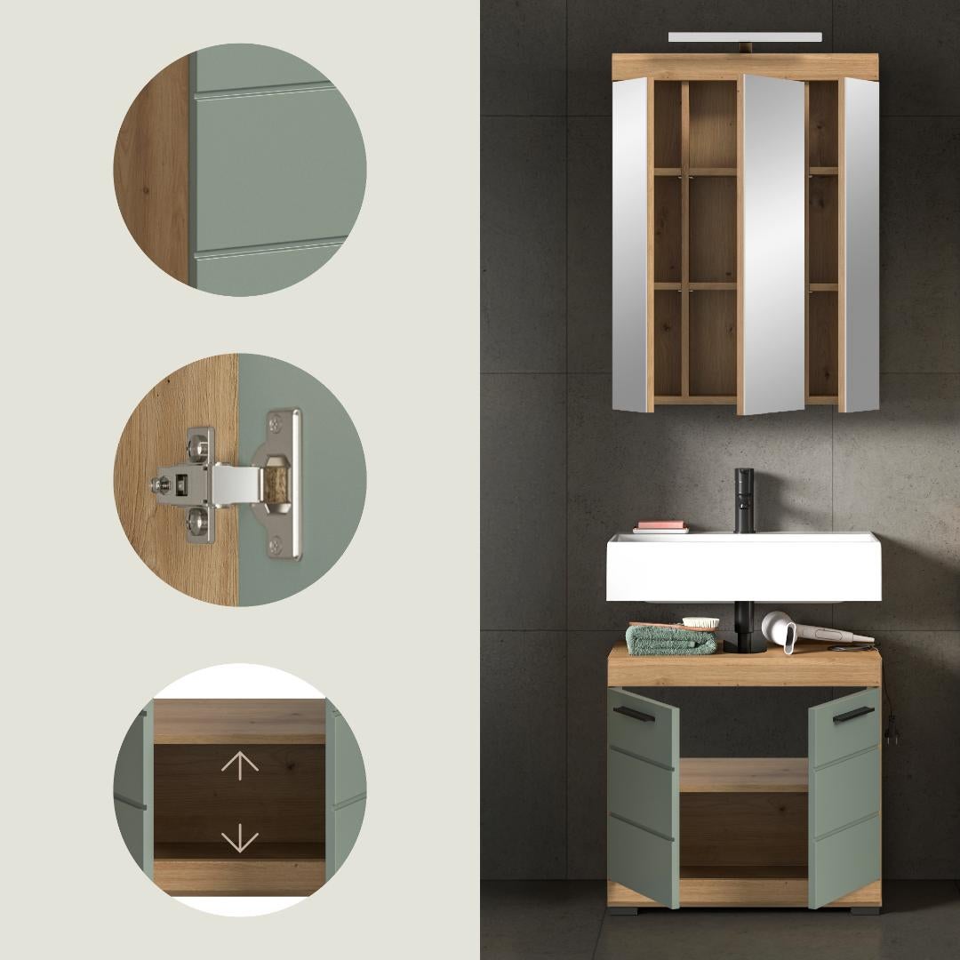 Ensemble 2 meubles de salle de bain + lampe chêne brun et kaki - OLBO - 8