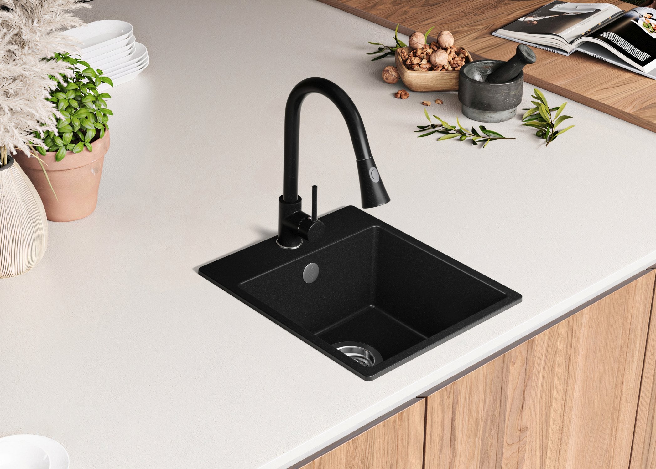 Evier Cuisine en Granit Noir 38x44cm, Lavabo 1 bac + Kit de Vidage, Évier à Encastrer au meuble 40cm - Riga Easy PRIMAGRAN - 7