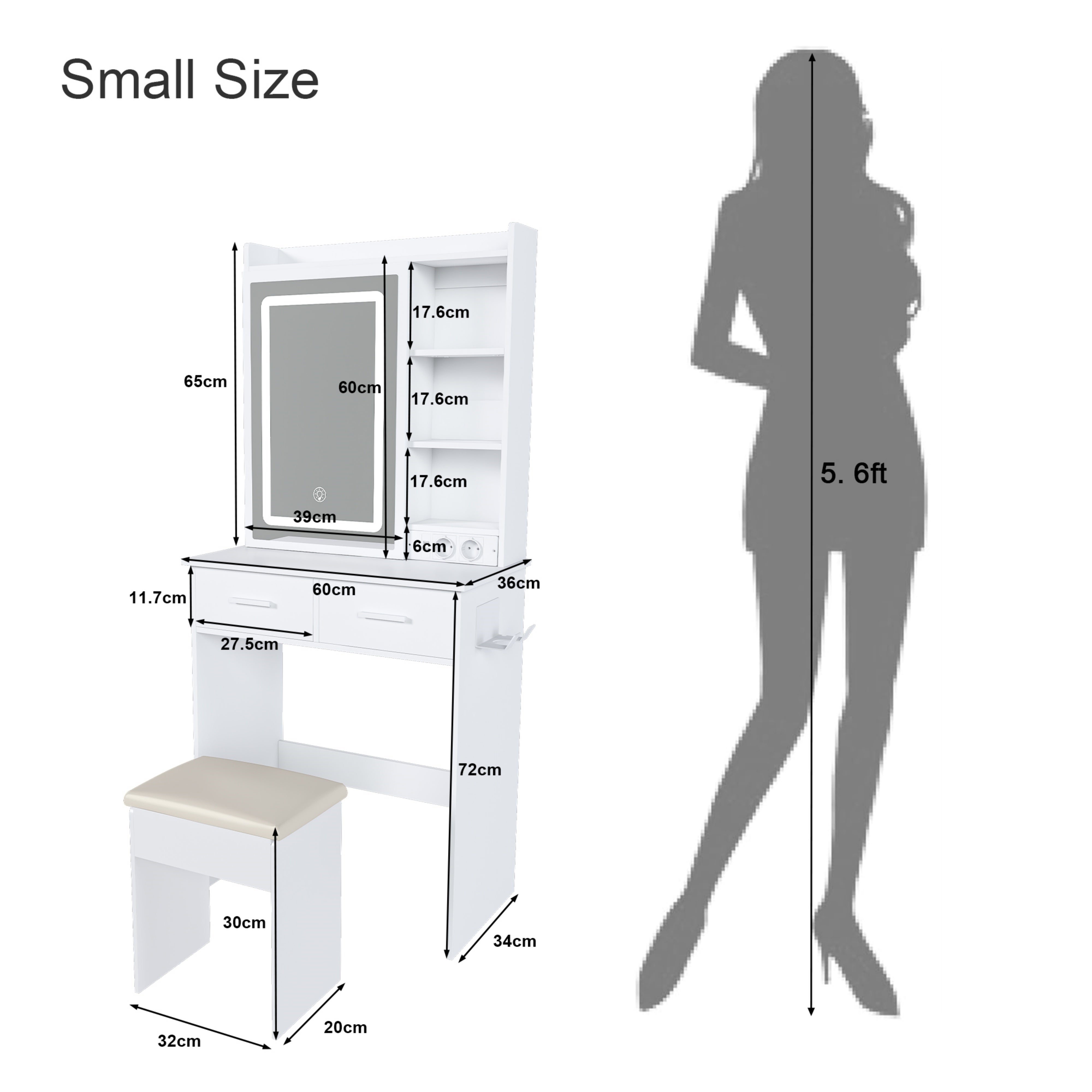 Petite coiffeuse blanche avec miroir, éclairage LED réglable et prise de courant – tabouret rembourré inclus, L60 × H136 × P36 cm - 2