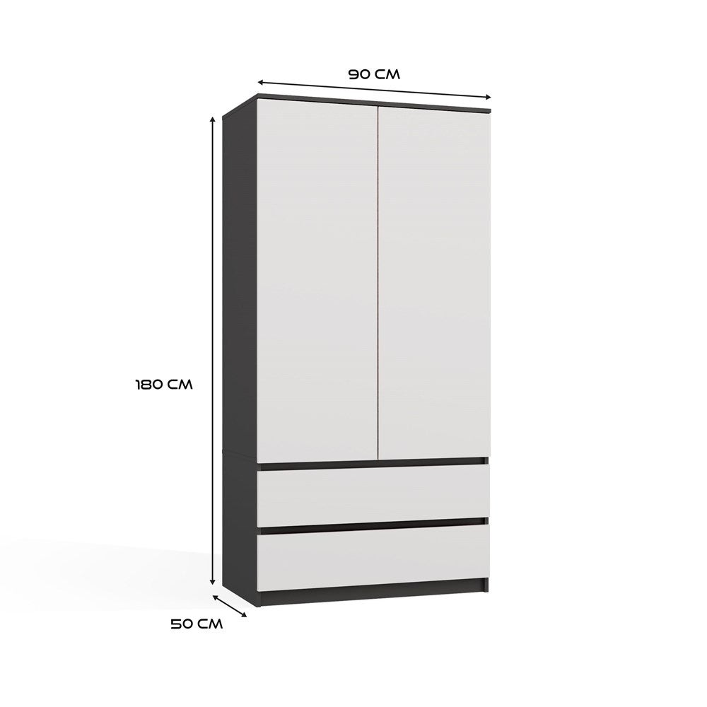 TURIN - Armoire de chambre - Penderie multifonctions - 2 portes + 2 tiroirs - Dressing - Anthracite et Blanc - 2