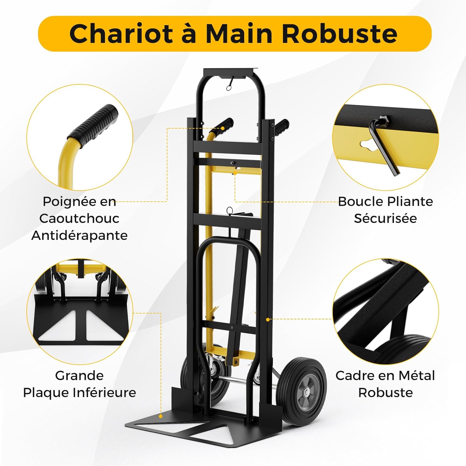 Carrinho de mão em metal 3 em 1 com rodas de borracha universais, carrinho industrial dobrável para transporte e mudança, 57 x 53 x 131 cm - 7