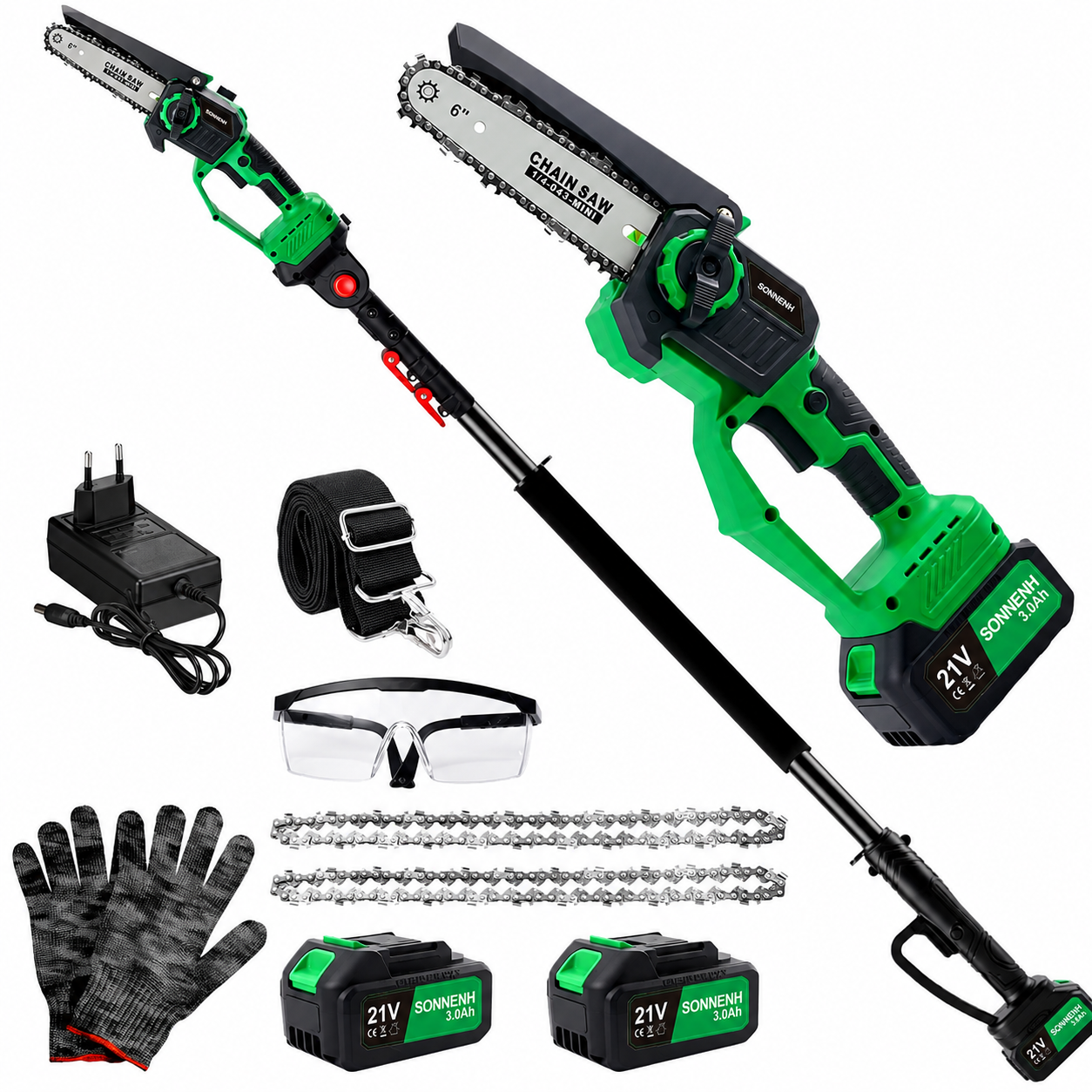 Fierăstrău cu tijă fără fir 2 în 1 verde și negru, lamă 15,24 cm, extensie 2 m, 2 acumulatori 21 V 3 Ah și 3 lanțuri