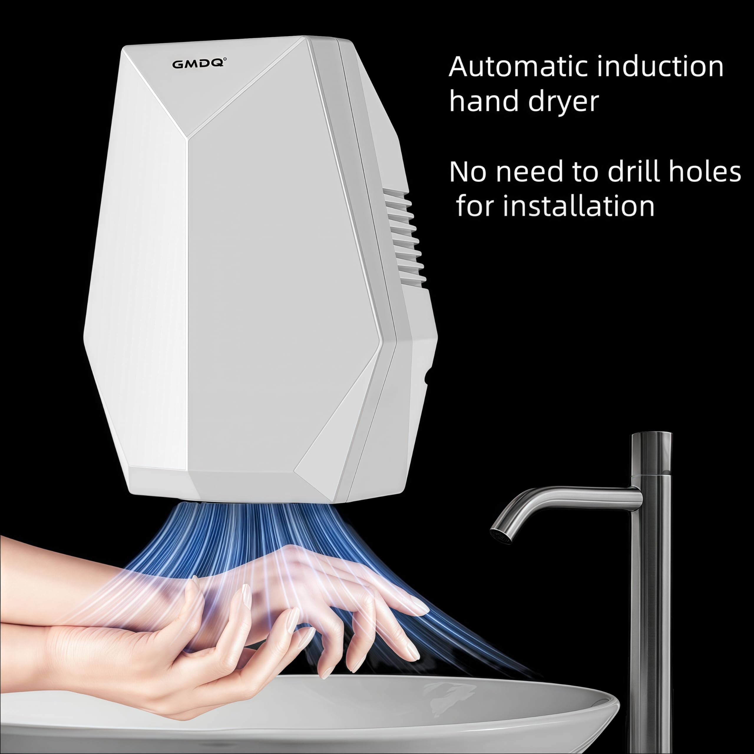 Sèche-mains portable haute vitesse 1600 W, activation automatique par capteur, installation sans perçage pour la maison et la salle de bain (blanc) - 2