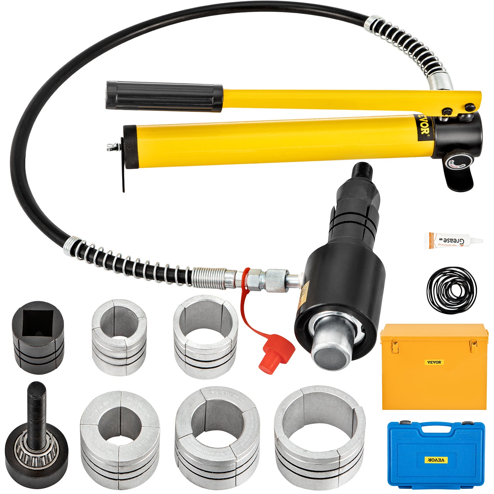 Hydrauliczny roztłaczacz do rur wydechowych Rozmiar 1-5/8"-4-1/4", 10T Ręczny hydrauliczny roztłaczacz do rur z 4 matrycami i 2 skrzynkami do pr VEVOR