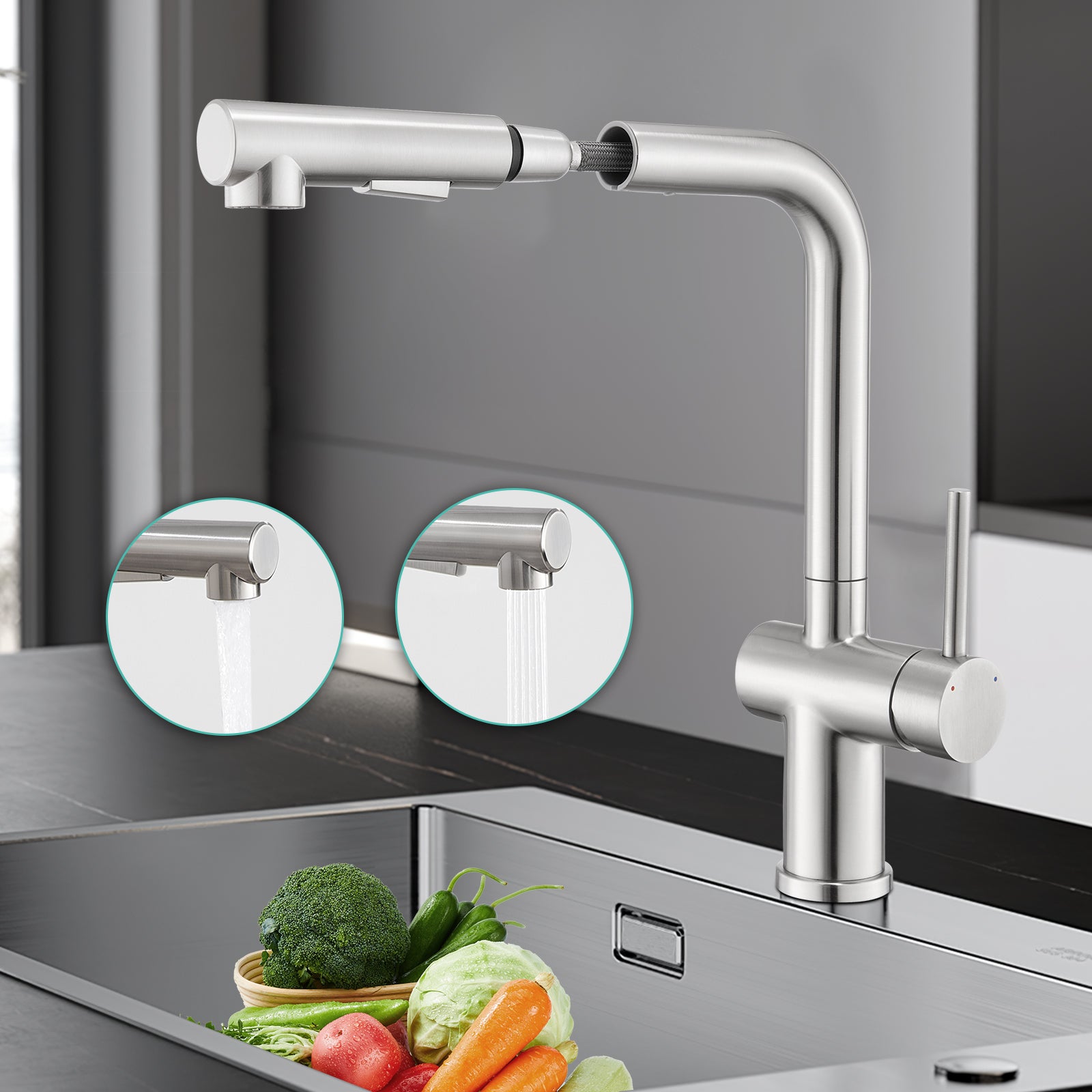 LOVHAUS Bateria Kuchenna, Bateria Kuchenna z Wyciąganą Wylewką i Głowicą Natryskową, Bateria w Kształcie Litery L Obrotowa o 360°