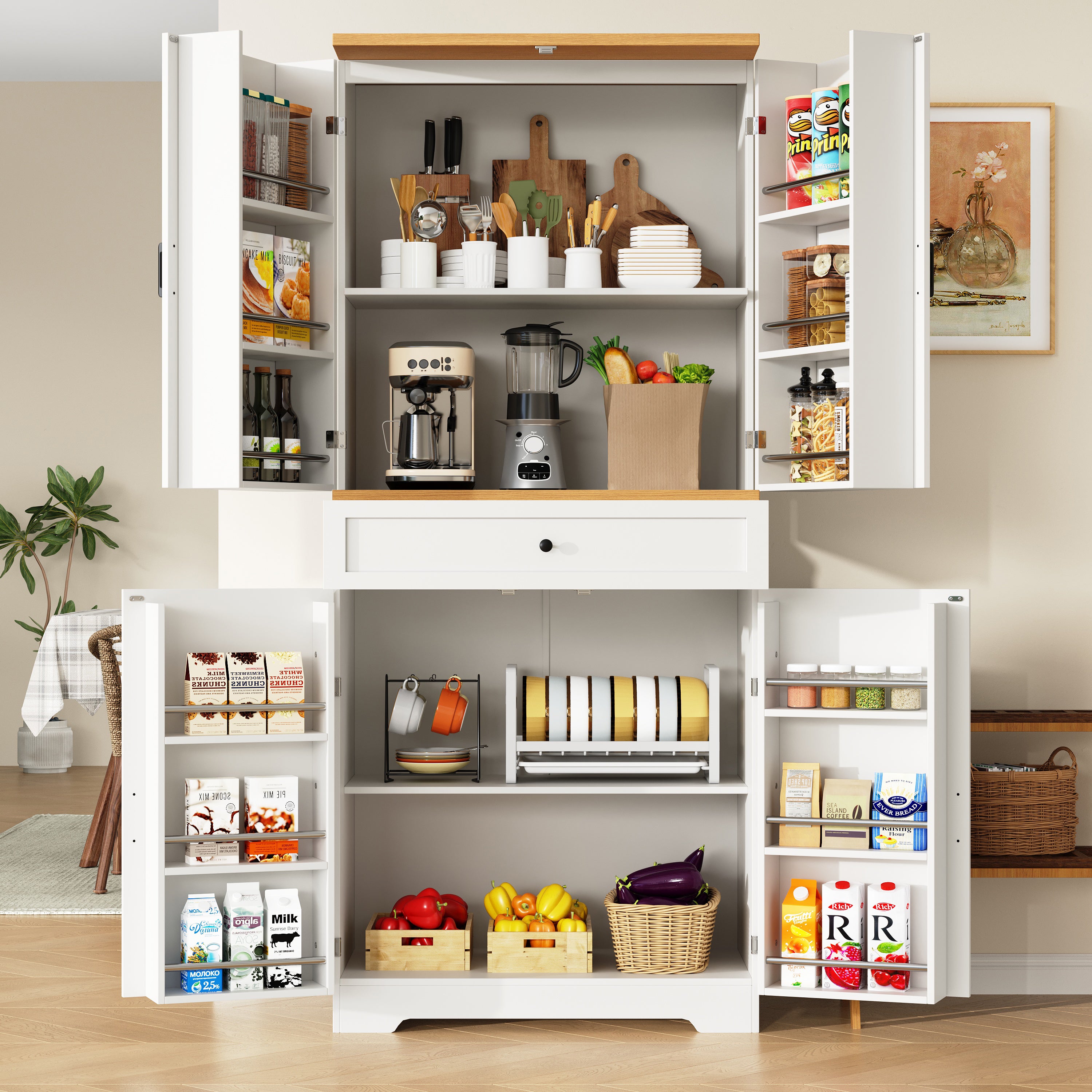 Kredens kuchenny z 4 drzwiami i 4 półkami - 80 x 40 x 180 cm - MDF i płyta wiórowa - Biały + naturalny