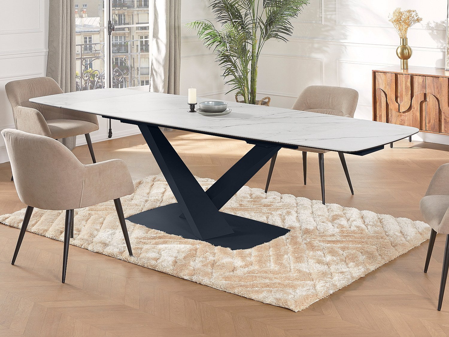 Rozkładany stół jadalniany 6-10-osobowy z ceramiki i metalu – imitacja marmuru biały i czarny – MALATA marki Pascal Morabito