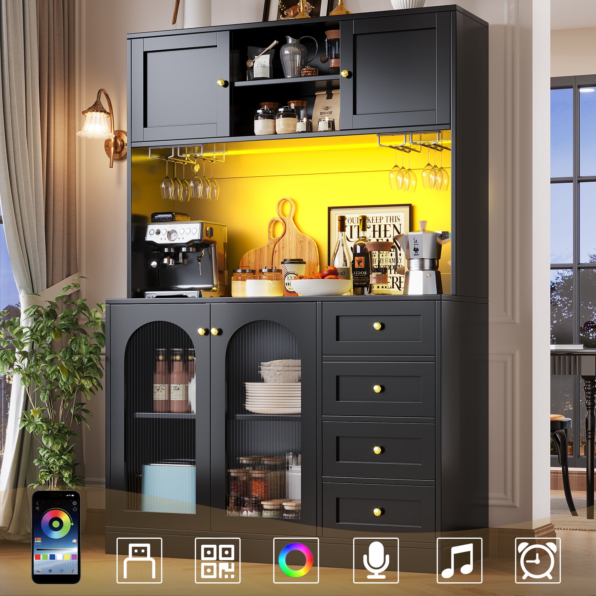 Wysoka komoda kuchenna z 4 drzwiami, 3 szufladami i uchwytami na kubki - 120 x 40 x 188 cm - MDF - diody LED - czarna