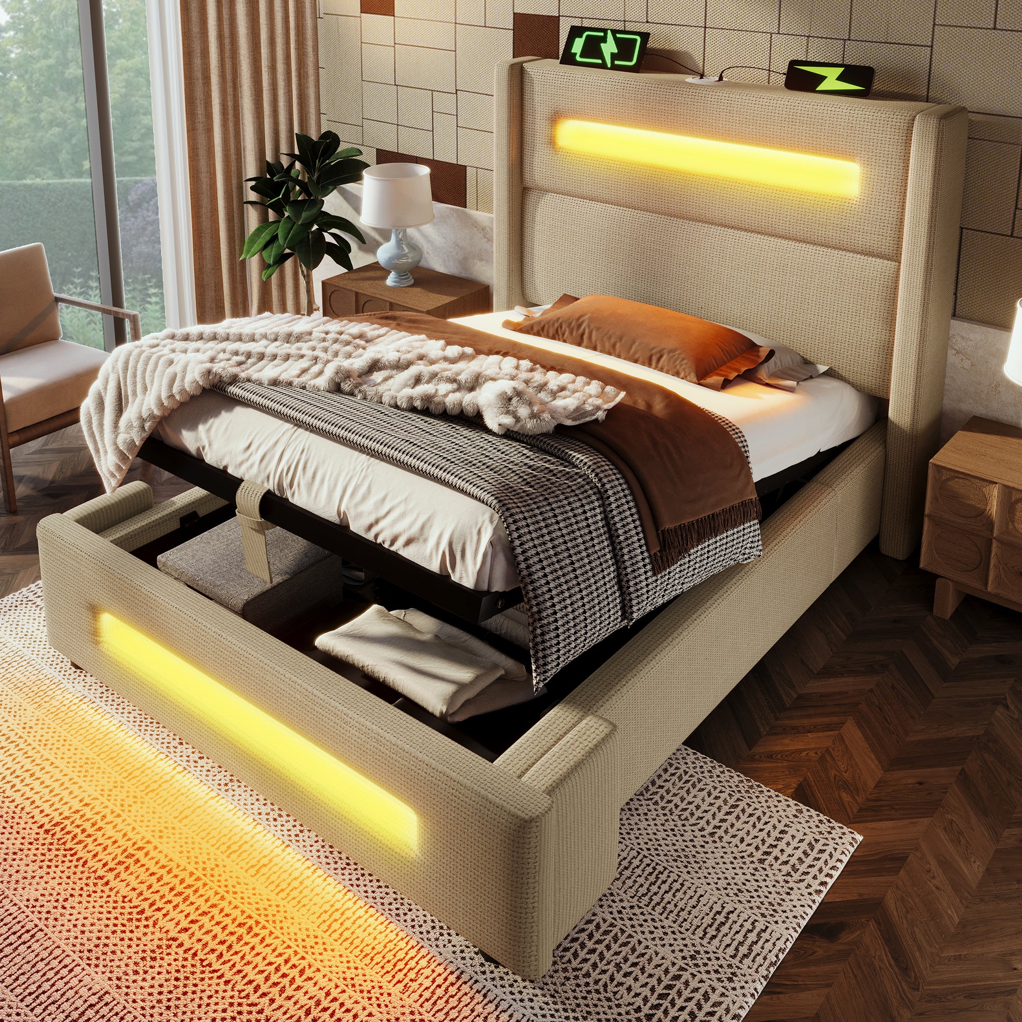 Lit Coffre 90x200 Avec Tête De Lit Rangement Et LED - Mécanisme Hydraulique - Ports USB/Type-C - Sans Matelas - Lin Gris