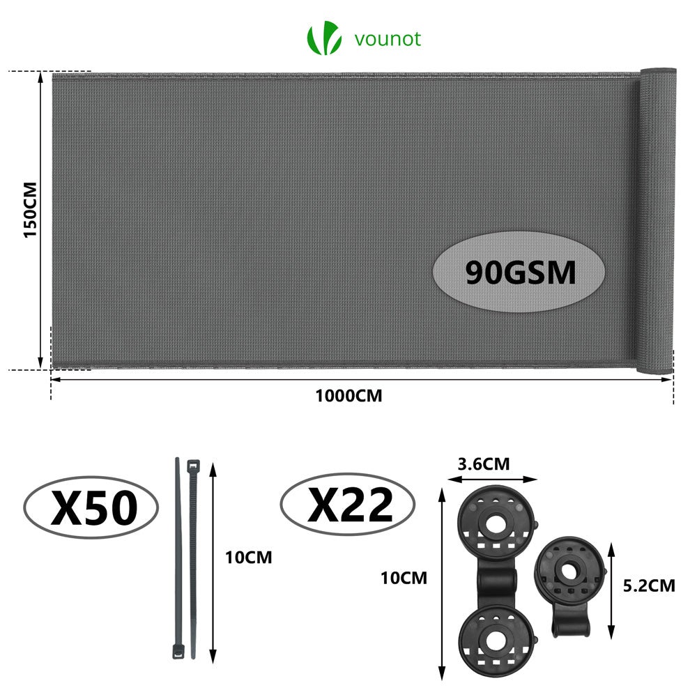 Brise vue occultant en HDPE 90g/m² 1.5x10m avec attaches de fixation gris VOUNOT® - 2