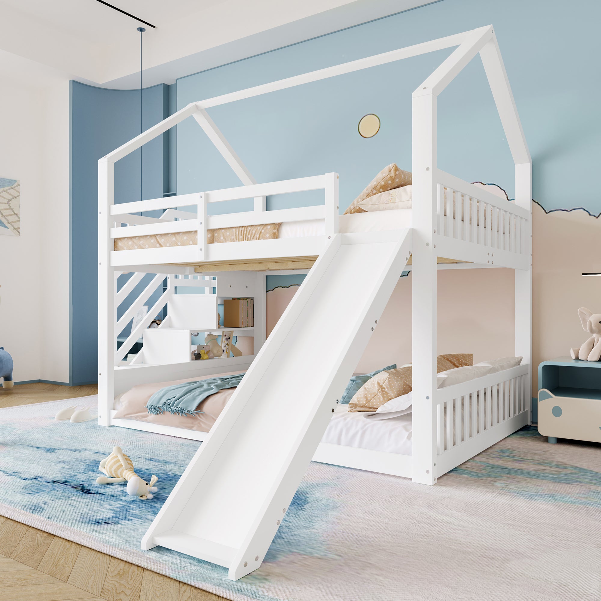 Lit superposé 140x200cm avec escalier de rangement et toboggan, lit d'enfant avec barrières, blanc - 4
