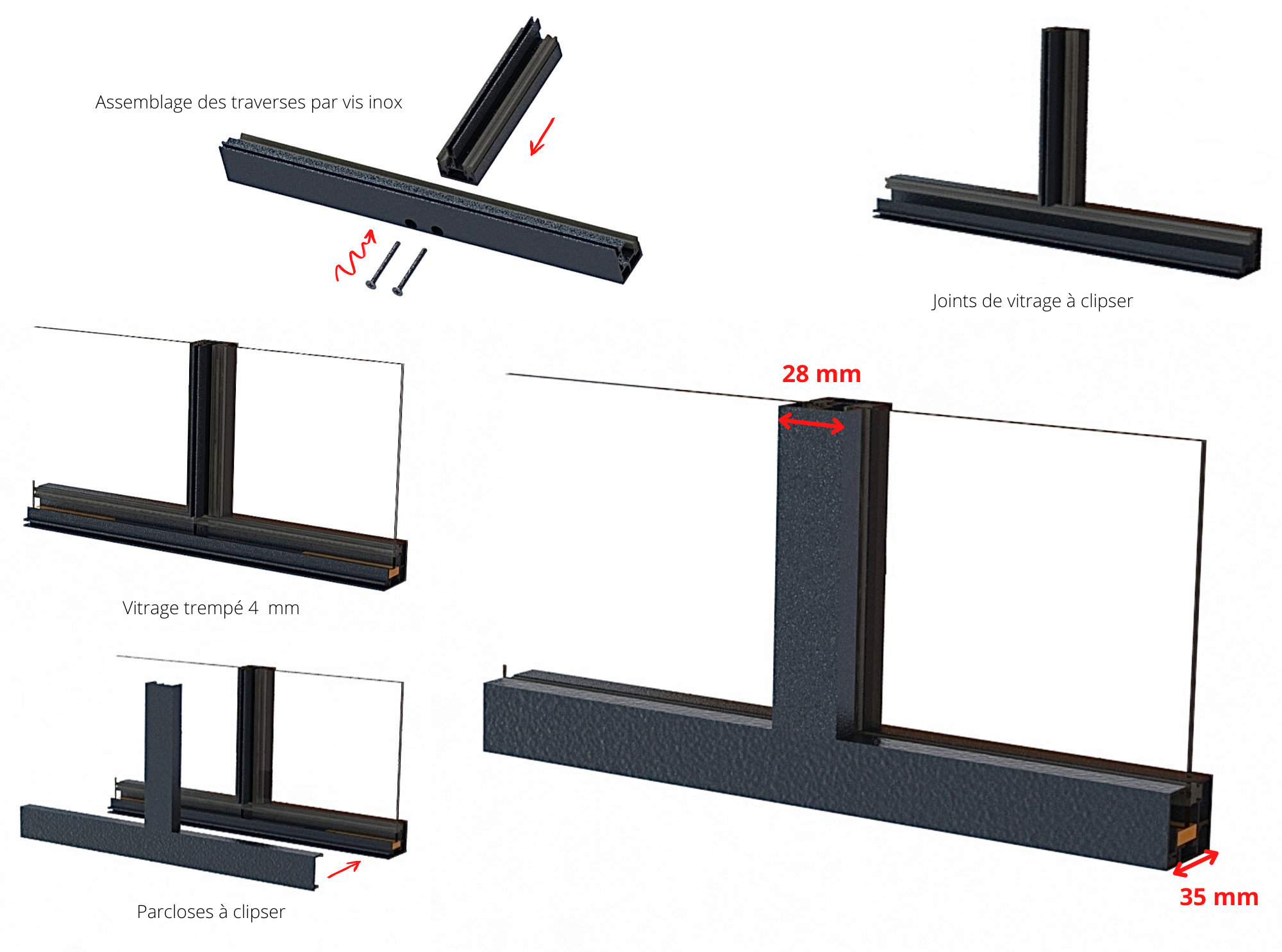 Verrière aluminium 5 vitrages clair, 5 arches décorative - L 173 × H 123 - Noir - 5
