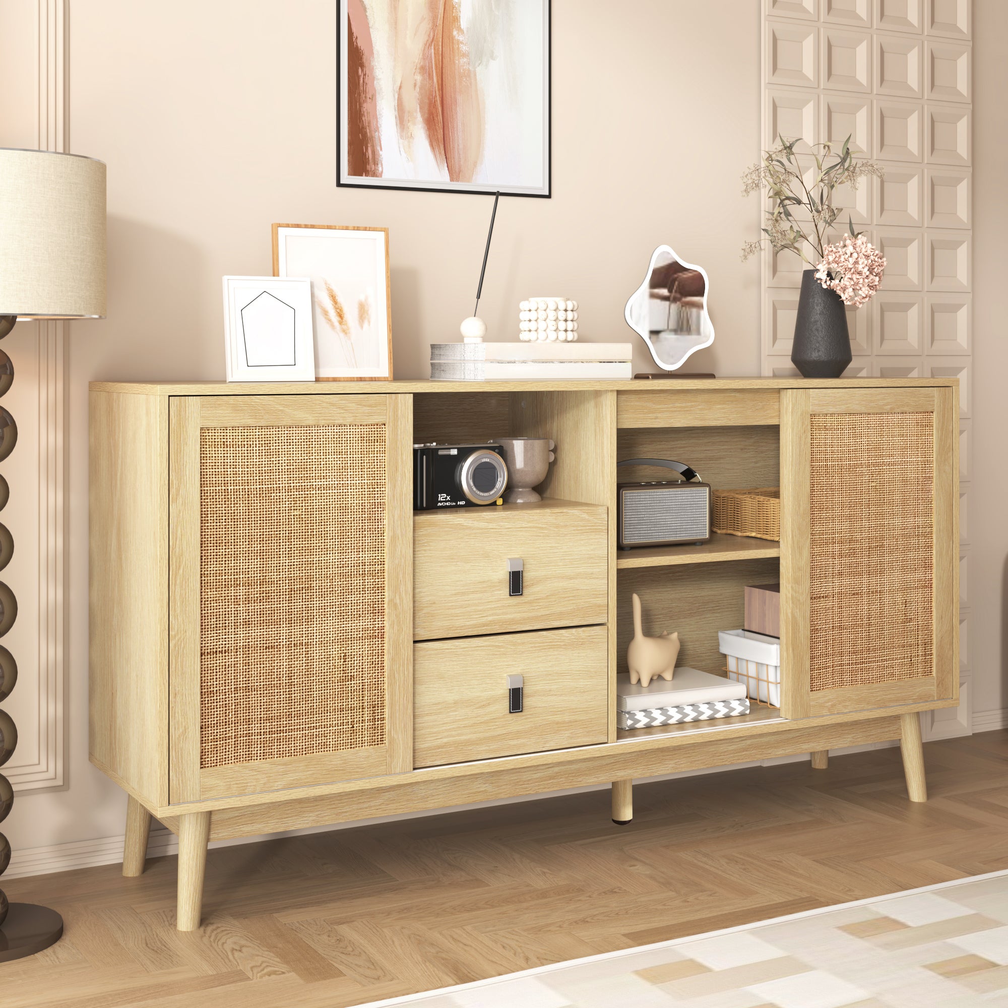 Buffet en rotin 155x80x38 cm avec 3 portes coulissantes, 2 tiroirs, MDF ...