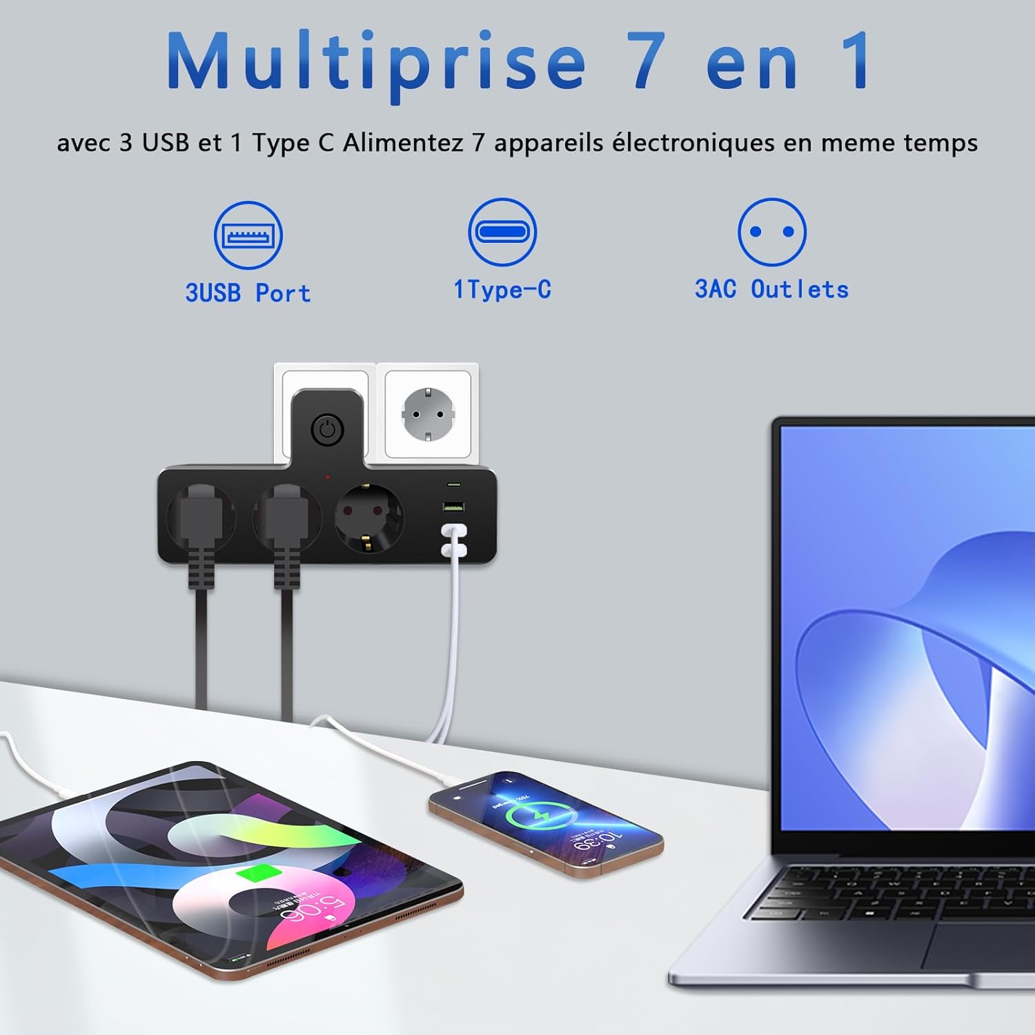 Multiprise murale, Multiprise avec interrupteur, 3 USB et 1 Type C, Multiprise 7 en 1, Multiprise USB, Multiprise noire, pour la maison et le bureau - 3