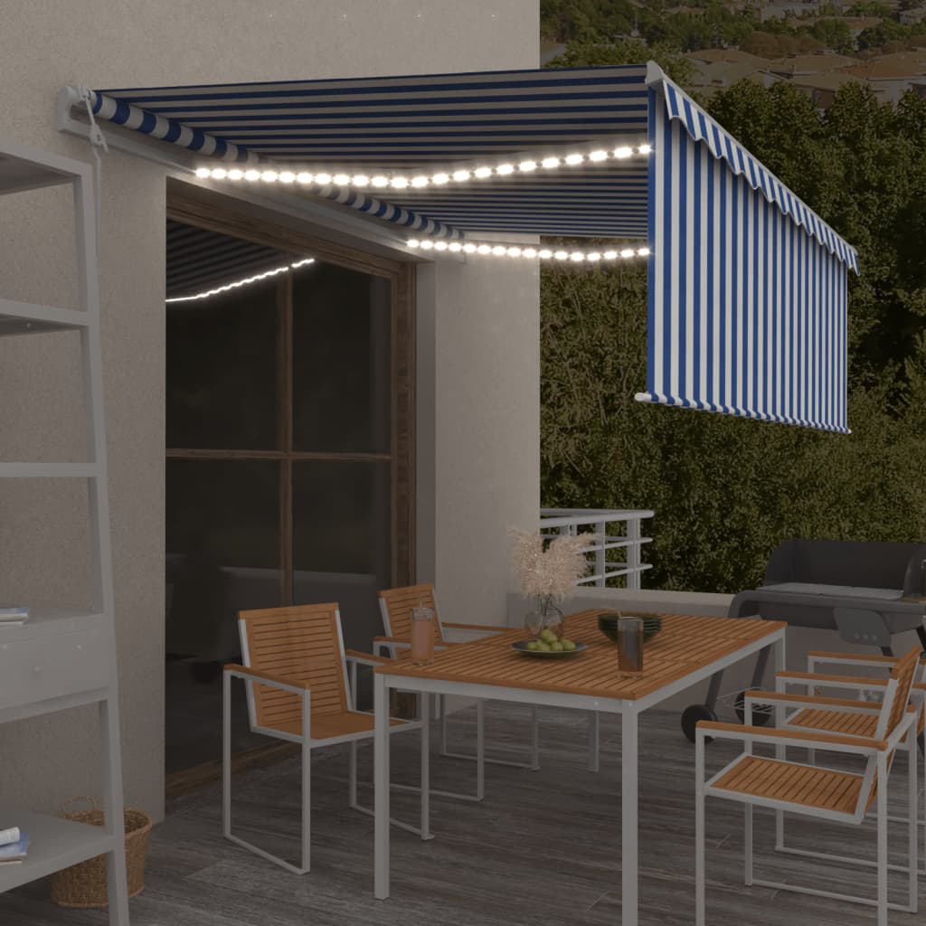 Tenda Da Sole Automatica Con LED E Sensore Vento 350x250 Cm - Blu E Bianco, Protezione UV, Per Terrazza Giardino Balcone