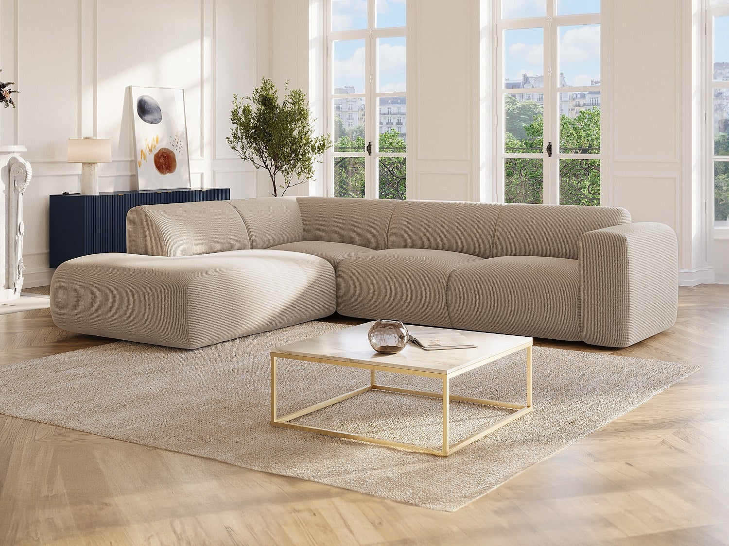 Kanapa narożna lewostronna dużych rozmiarów z szezlongiem wyposażonym w oparcie z beżowego weluru - POGNI marki Maison Céphy