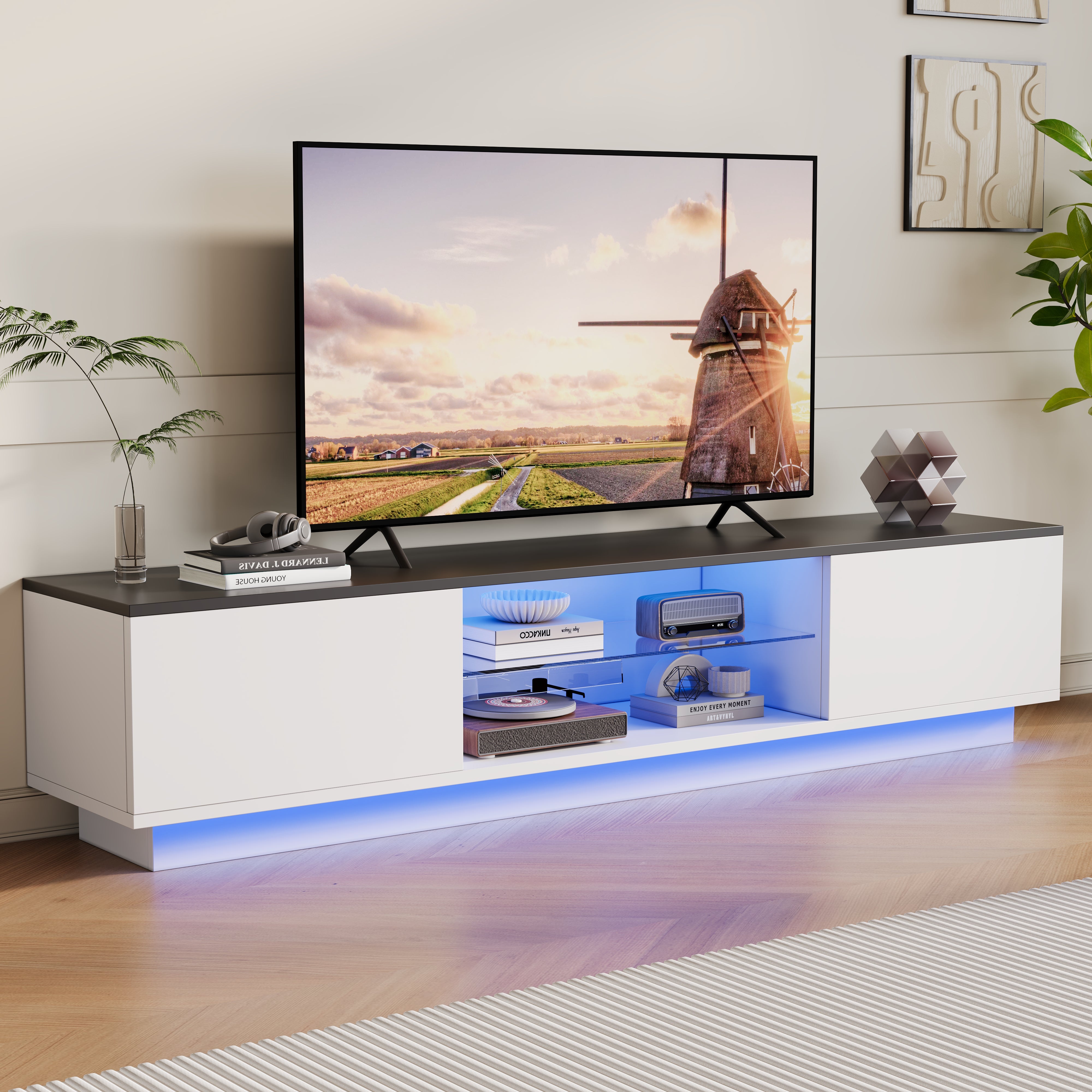 Meuble TV Blanc,Meuble TV Bois avec 2 Portes de Rangement et Étagères en Verre Intégrées,Meuble TV Led,TV Meuble Moderne,130x32x35cm,Blanc - 9