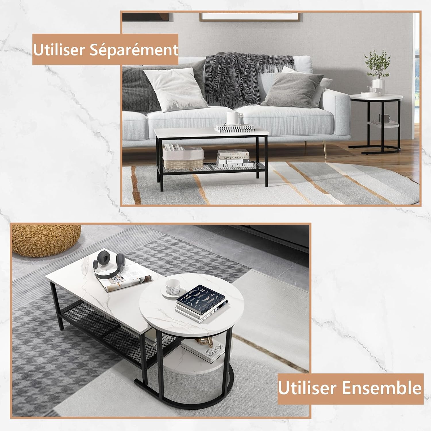 Juego de 2 mesas con mesa rectangular extraíble y mesa redonda, de imitación de mármol blanco, mesa auxiliar moderna para salón, blanco y negro - 4