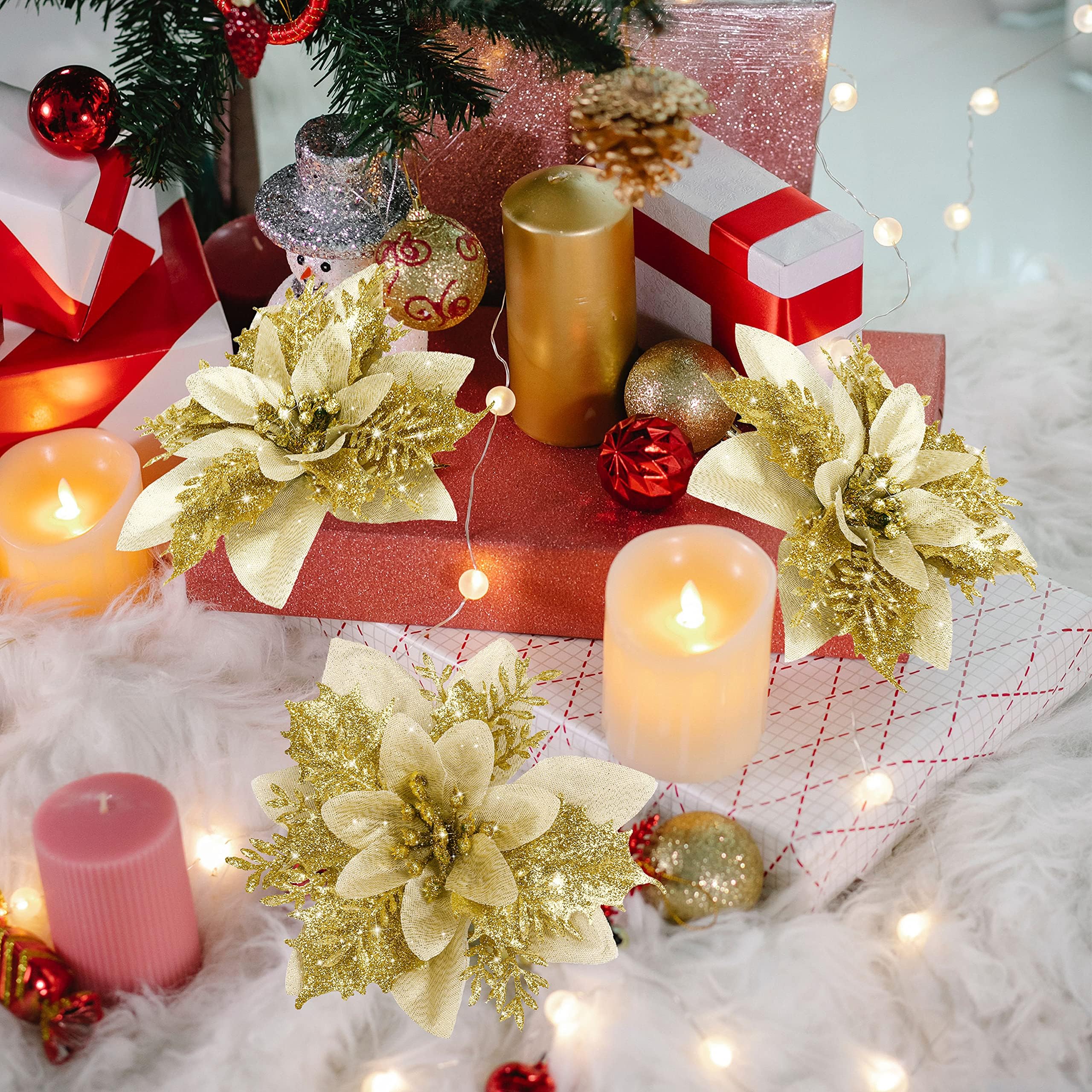 50 pièces décorations de noël, fleurs de noël artificielles avec clips, guirlande d'arbre de noël scintillante pendentifs de fleurs artificielles - 8