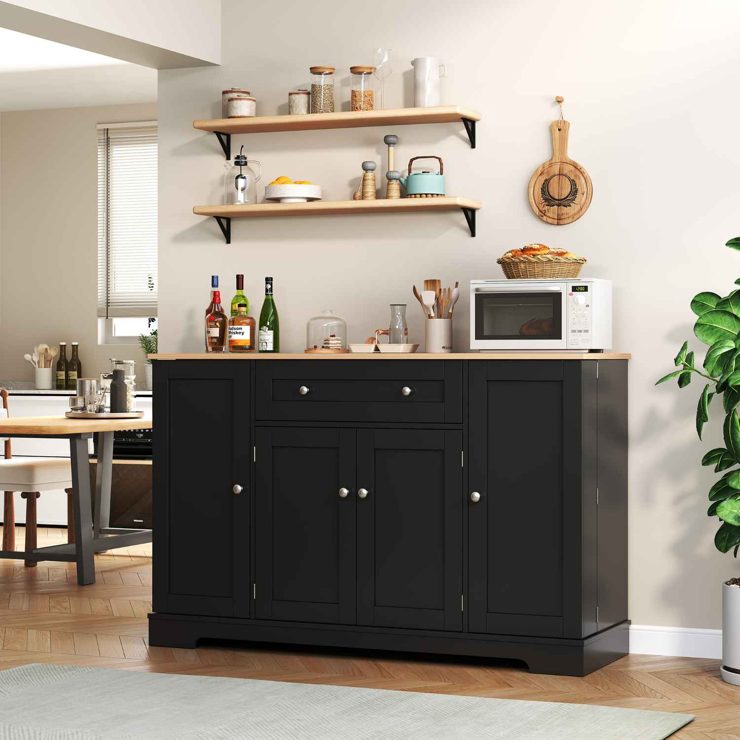 138 cm Wielofunkcyjna szafka kuchenna z szufladą, drzwiami i regulowanymi półkami – nowoczesny design, bezpieczny do kuchni i salonu