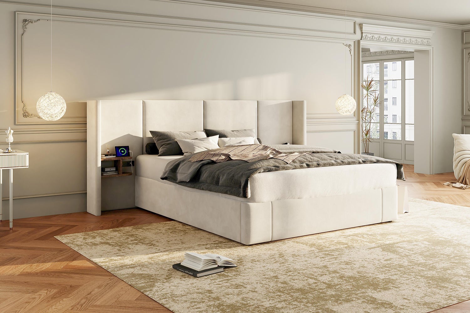 Cama arrumação 160 x 200 cm com cabeceira grande - 2 mesas de cabeceira e porta USB - Veludo - Bege (sem colchão) - 3