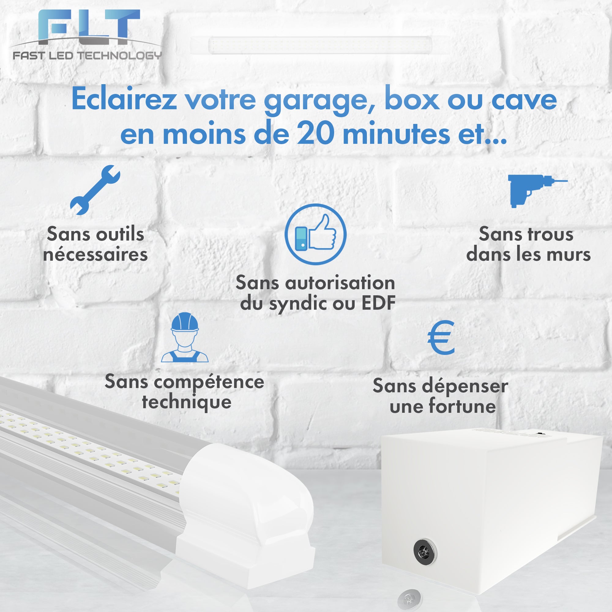 Kit éclairage sans fil garage box cave sous sol - 2 réglettes led - 1 Batterie - 1 interrupteur radio - Gamme CONFORT - 2200 lumens - 2