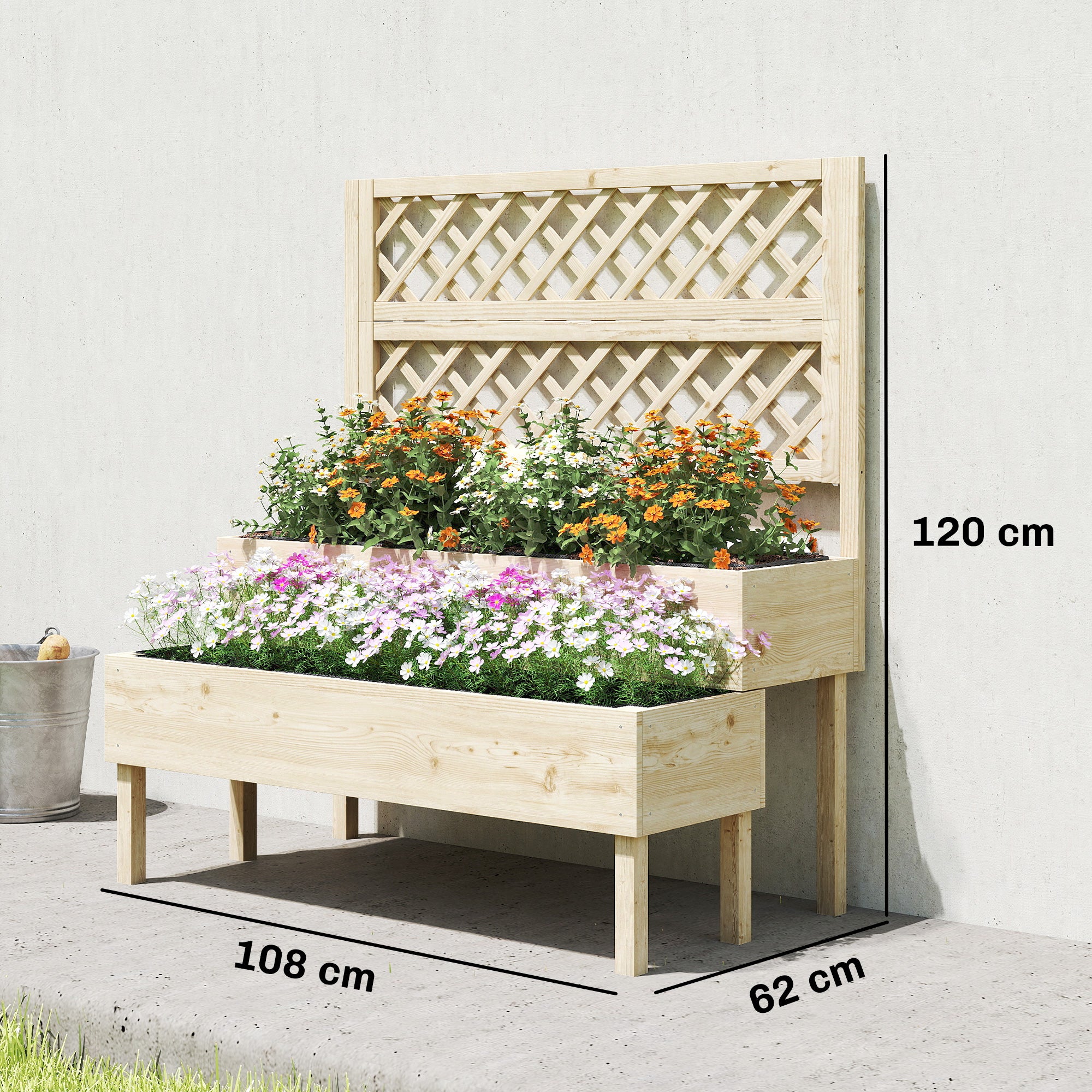 Jardinière surélevée à 2 niveaux avec treillis, jardinière intégrée, revêtement en tissu non tissé, 108 x 62 x 120 cm, effet naturel - 5