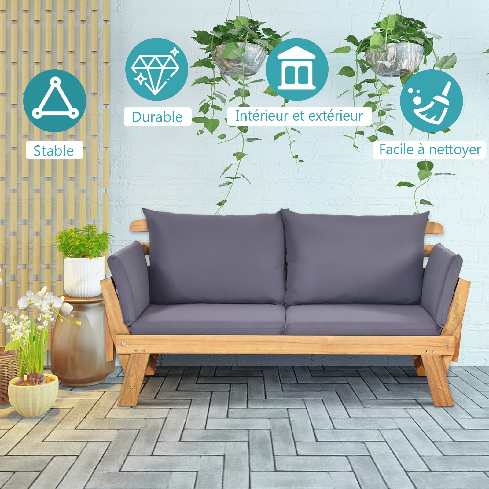 Canapé de Jardin Convertible 2 Places en Bois d’Acacia Certifié FSC avec Coussin Amovible, Accoudoir Extensible, Charge 320KG,Gris - 5