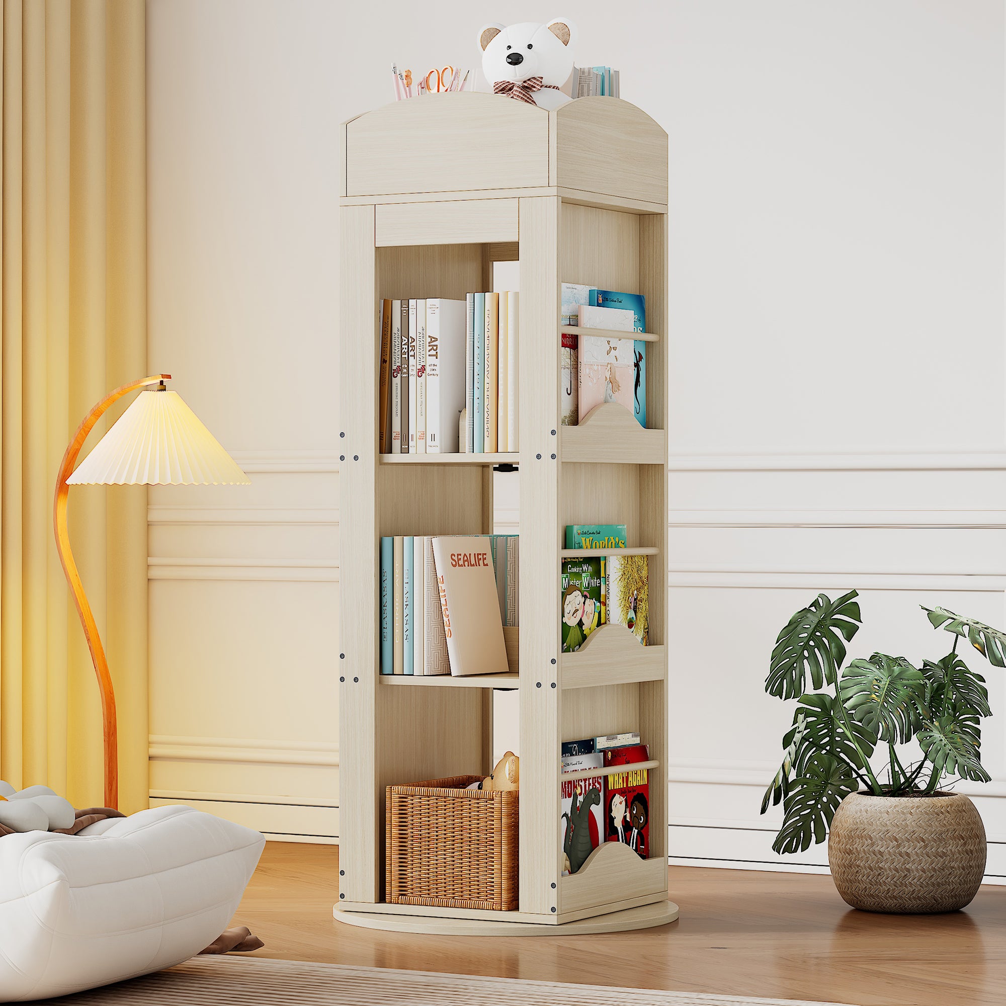 Obrotowy regał na książki 360 stopni z 4 półkami - 142 × 63 × 63 cm - MDF - Naturalny