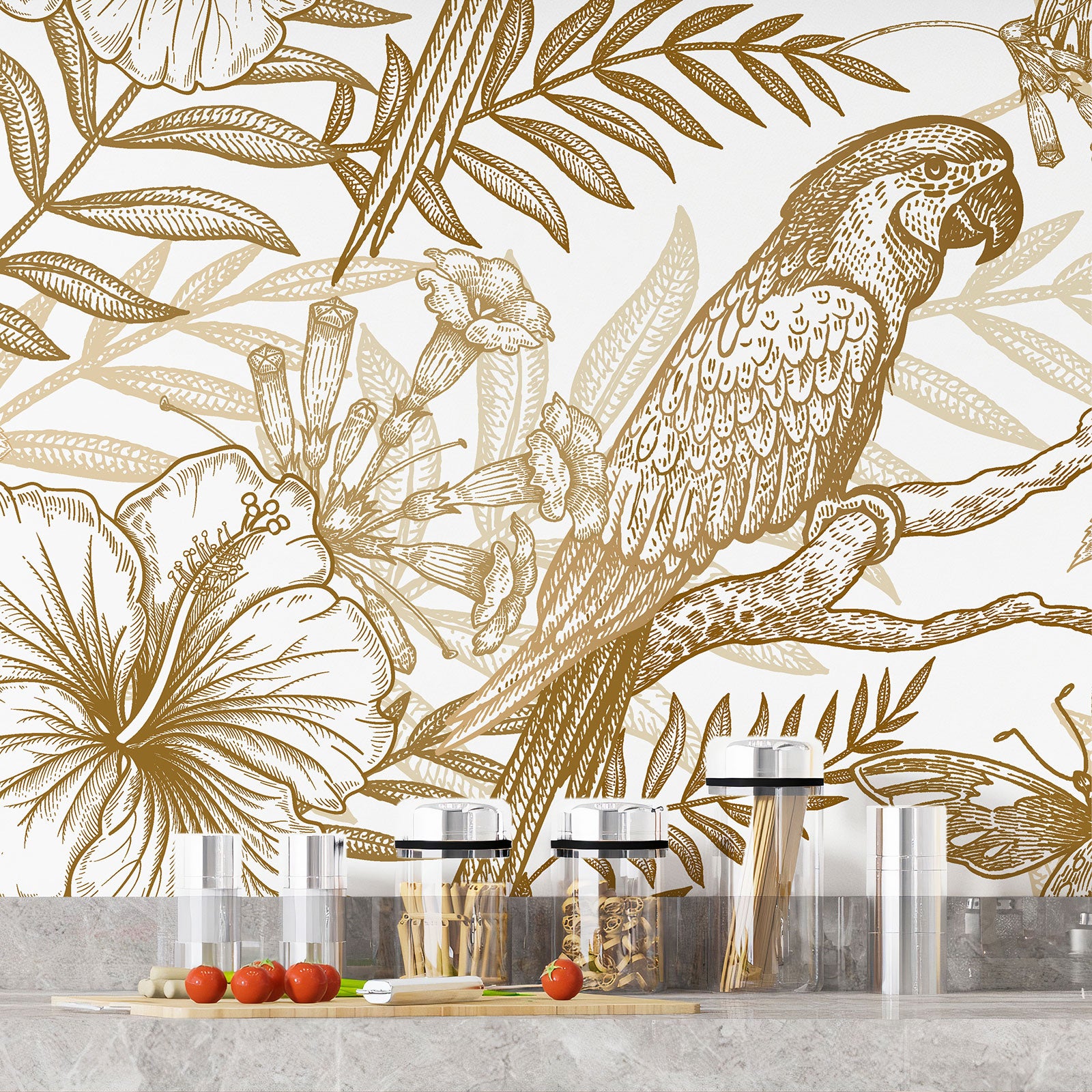 Crédence adhésive sticker décoratif pour cuisine - Fleurs perroquets - Adhésif BRILLANT - 50x87,5 cm - 4