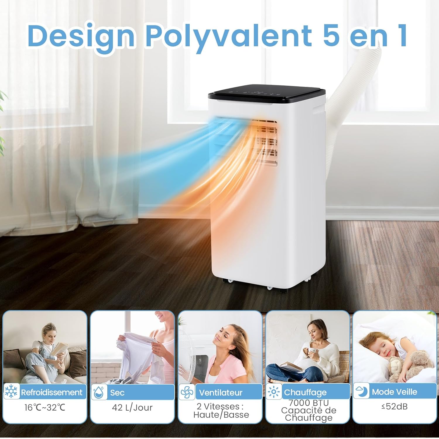 9000 BTU Climatiseur Portable 5 en 1, Refroidissement, Ventilateur, Chauffage, Déshumidificateur, Climatisation Mobile Intelligente Minuterie 24 h - 3