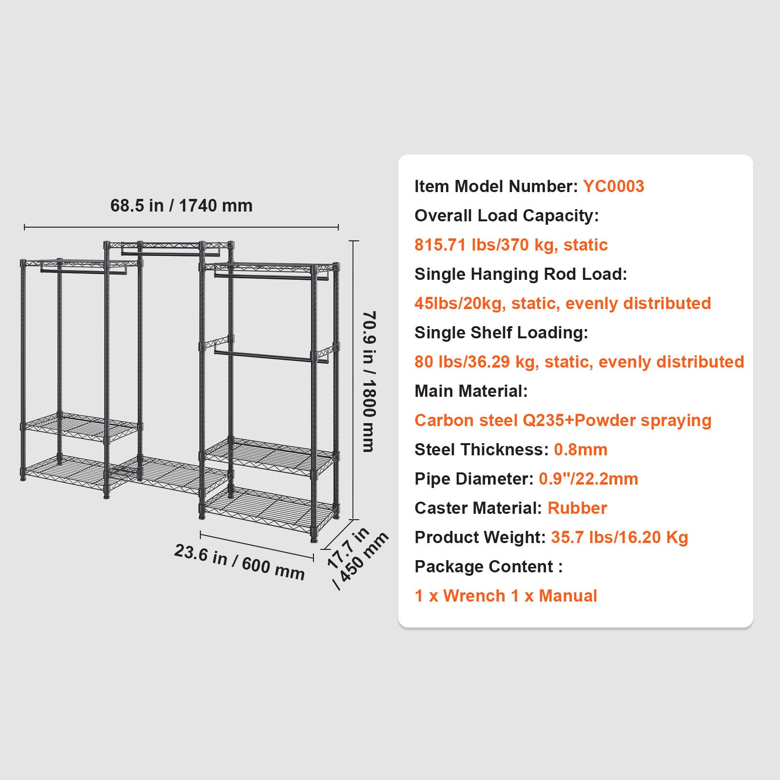 Portant à vêtements robuste SucceBuy d'une capacité de 800 lb, 4 tringles de suspension et 8 niveaux de rangement, porte-vêtements roulant - 9