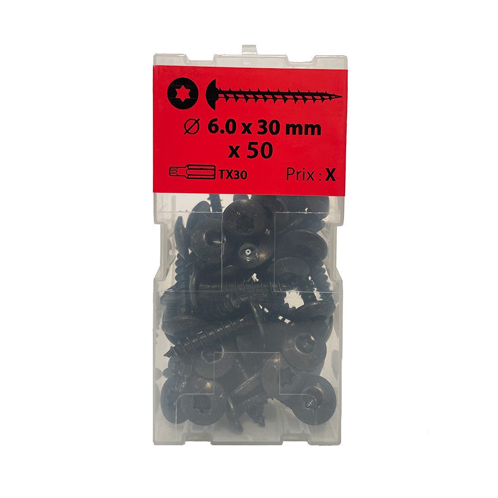 Boite 50 vis penture 6 x 30mm zingué noir - Viswood | Leroy Merlin