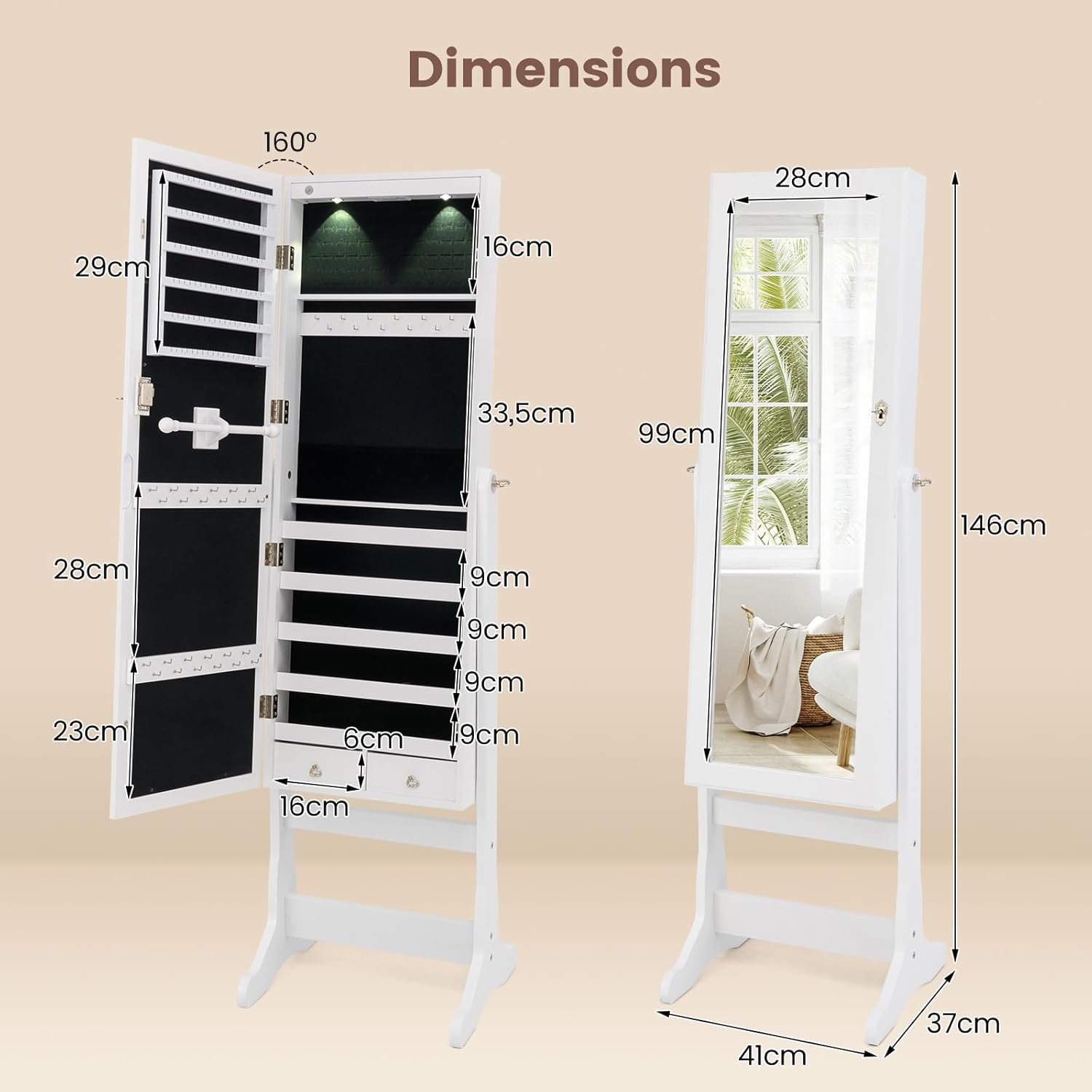 Armoire à Bijoux, Organisateur de Bijoux Debout avec Miroir Pleine Longueur, 4 Angles Inclinables Réglables, 5 Étagères et 2 Tiroirs (Blanc) - 6