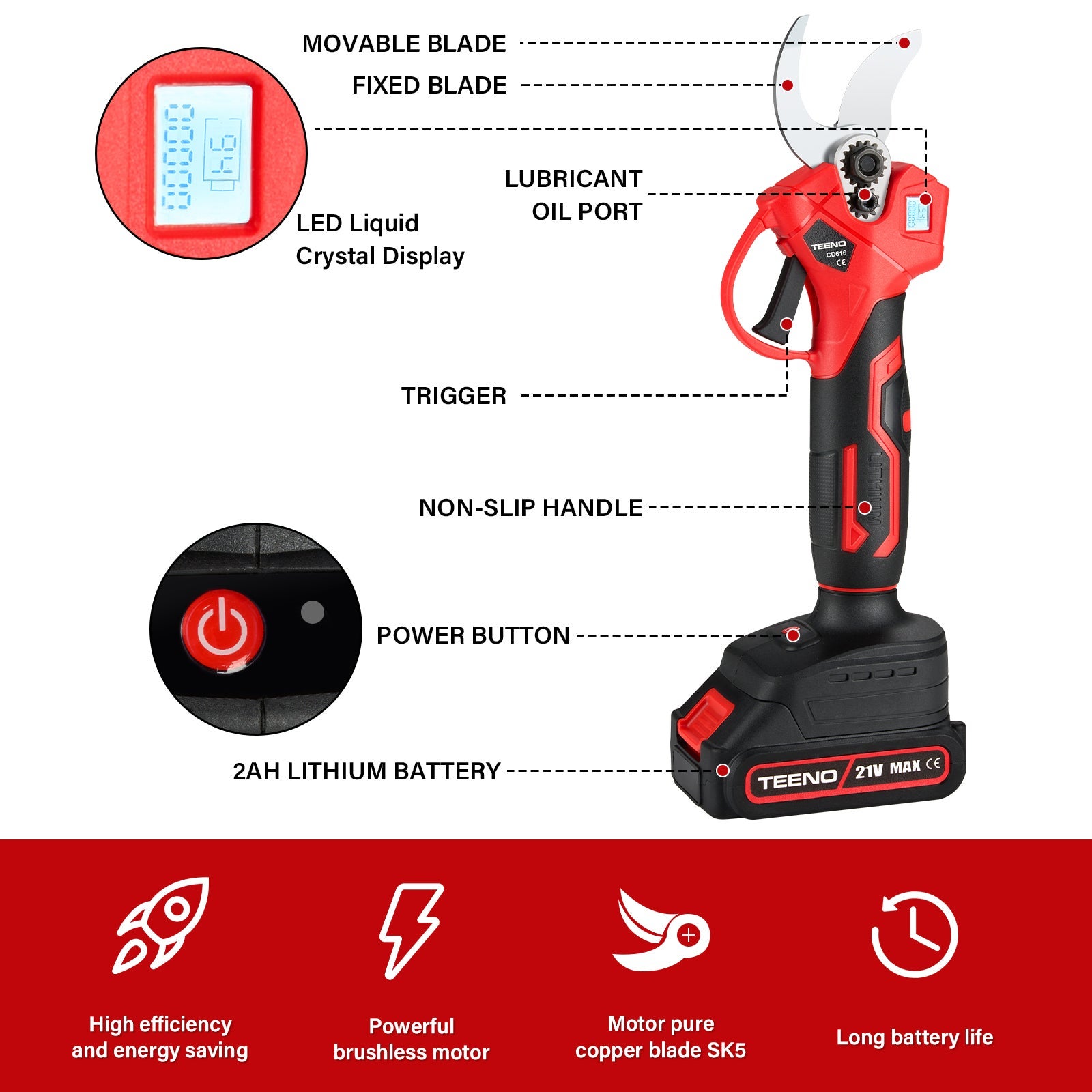 TEENO Sécateur électrique sur fil brushless 30mm avec LCD, 2 * 2000mAh Batteries - 3