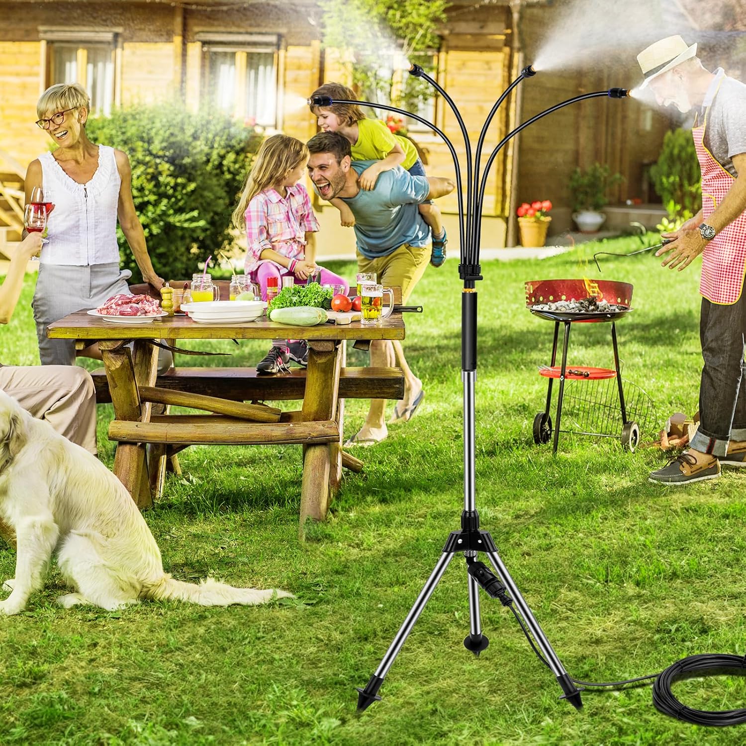 Système de brumisation rafraîchissant au sol avec 4 buses portables et pulvérisateur flexible pour terrasses, piscines, aires de barbecue - 4