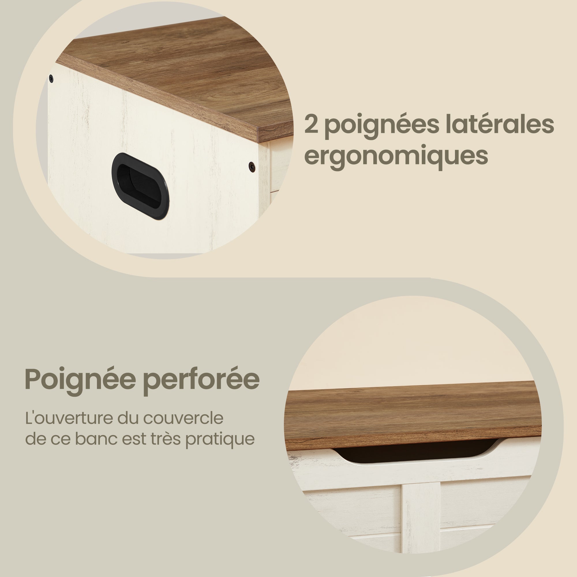 Coffre de Rangement, Banc à Chaussures avec Charnières de Sécurité, pour Salon, Entrée, Chambre, Blanc et Marron - 4